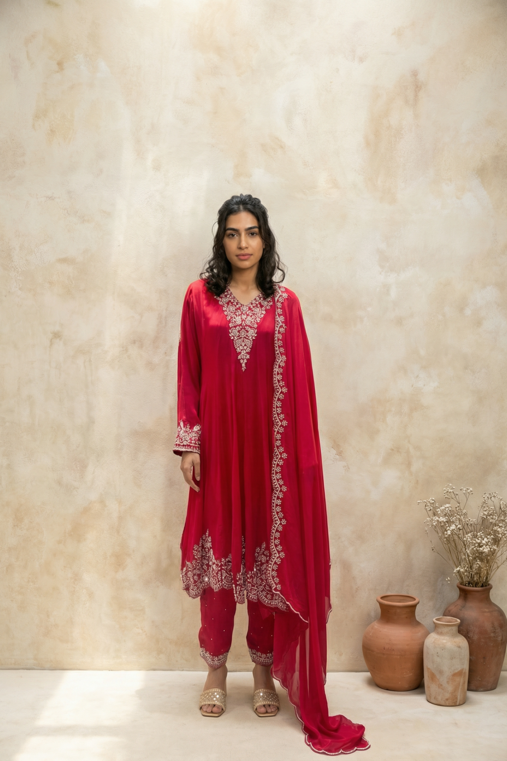 Red Chiffon Relaxed Fit Salwar Set