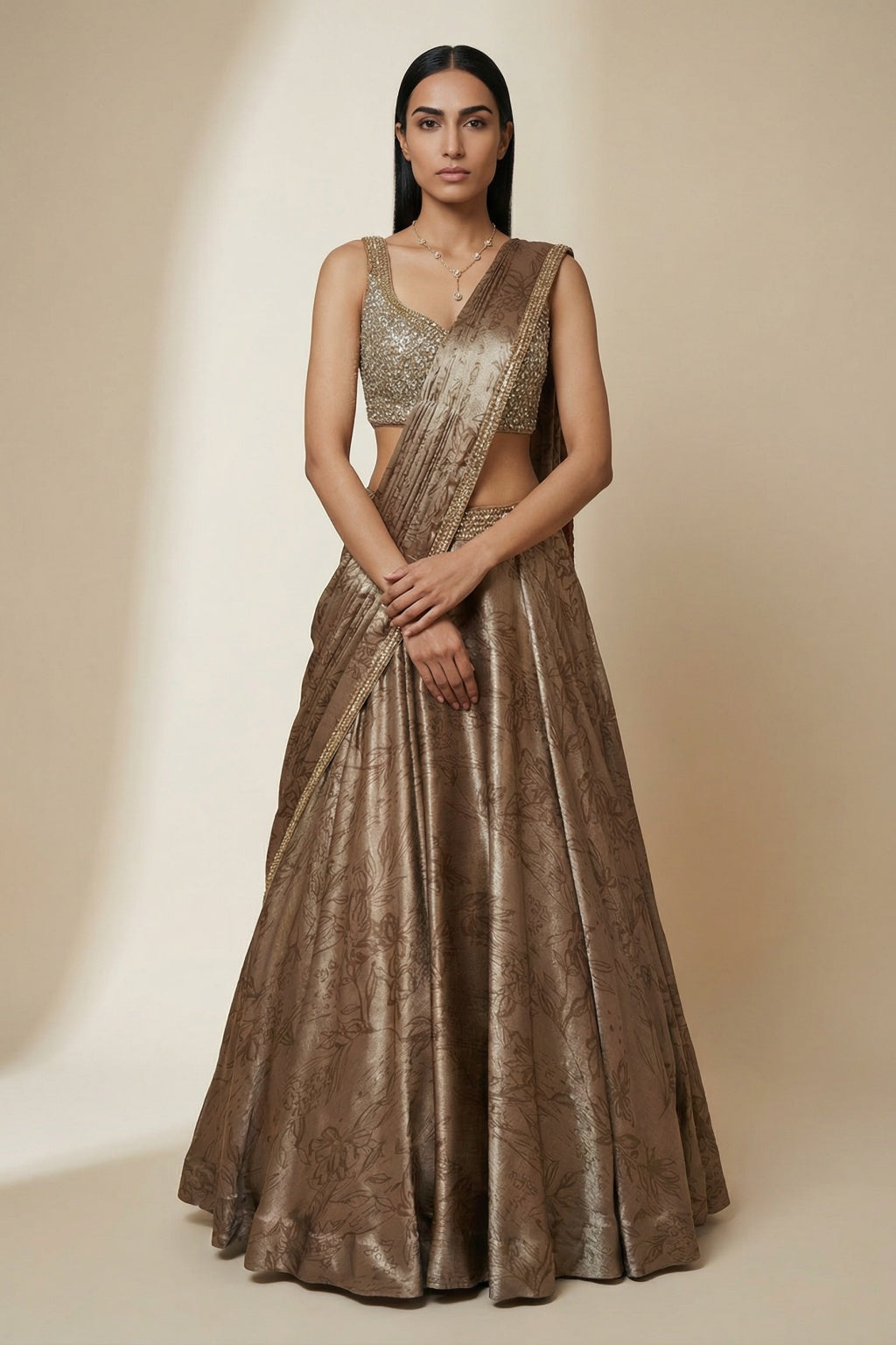 Gold Printed Silk Lehenga set - Mokshaa