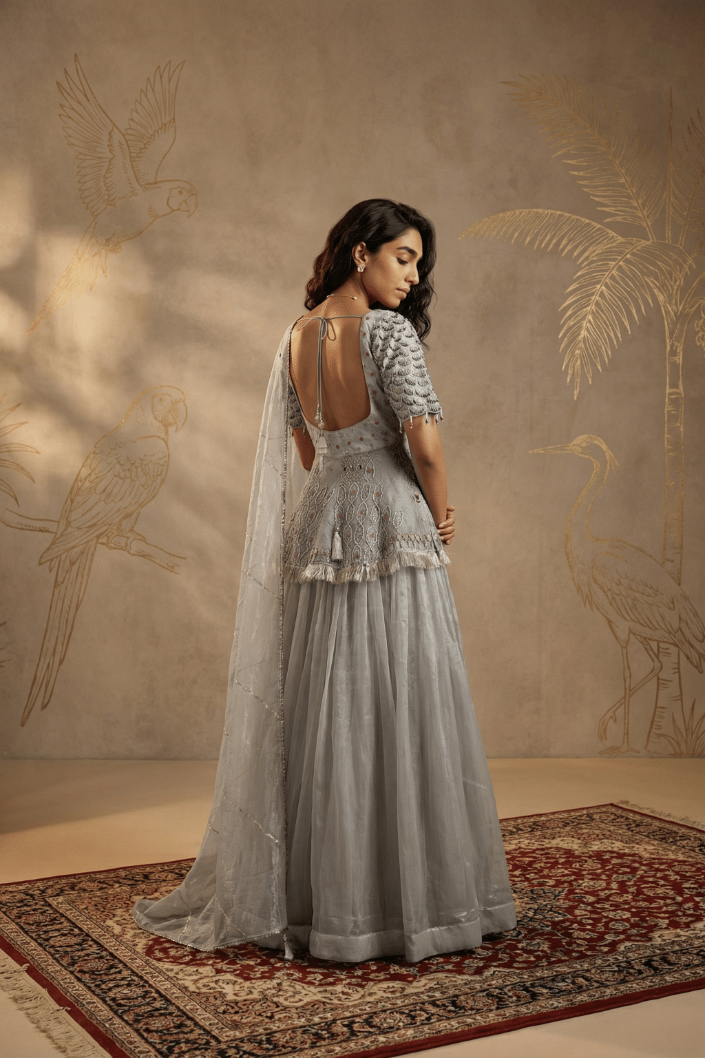 Champagne Organza Tissue Embroidered Top & Skirt Set with Dupatta