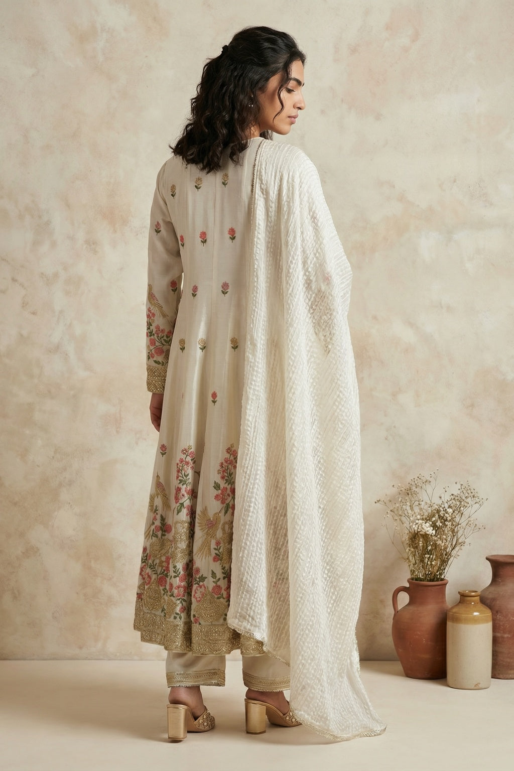 Ivory Mul Chanderi Anarkali Set - Mokshaa