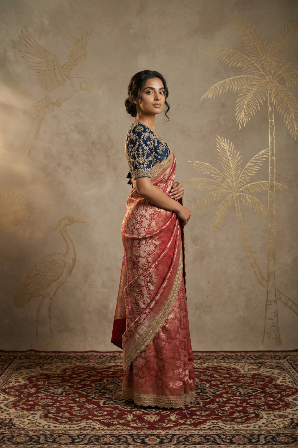 Red Banarasi Silk Saree with Zardosi Border and Contrast Blue Blouse