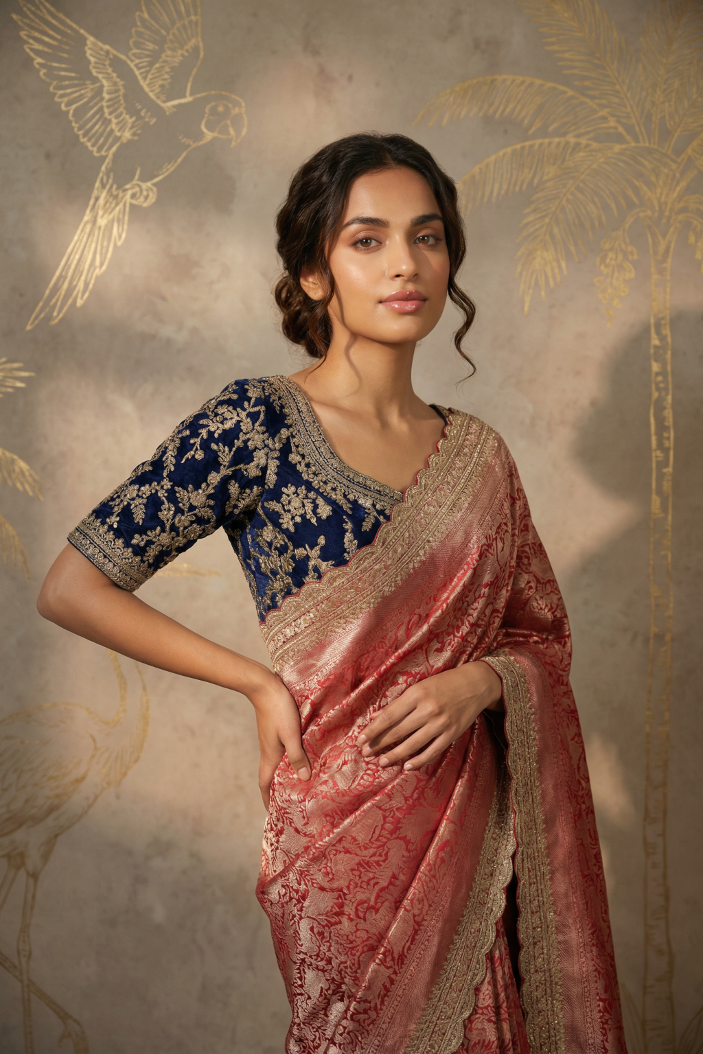 Red Banarasi Silk Saree with Zardosi Border and Contrast Blue Blouse