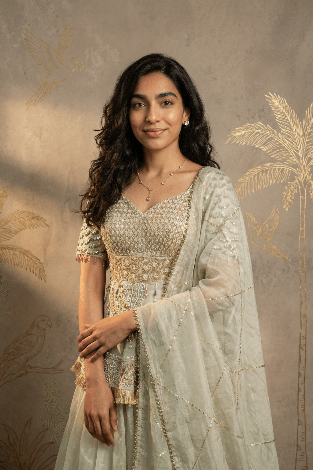 Champagne Organza Tissue Embroidered Top & Skirt Set with Dupatta