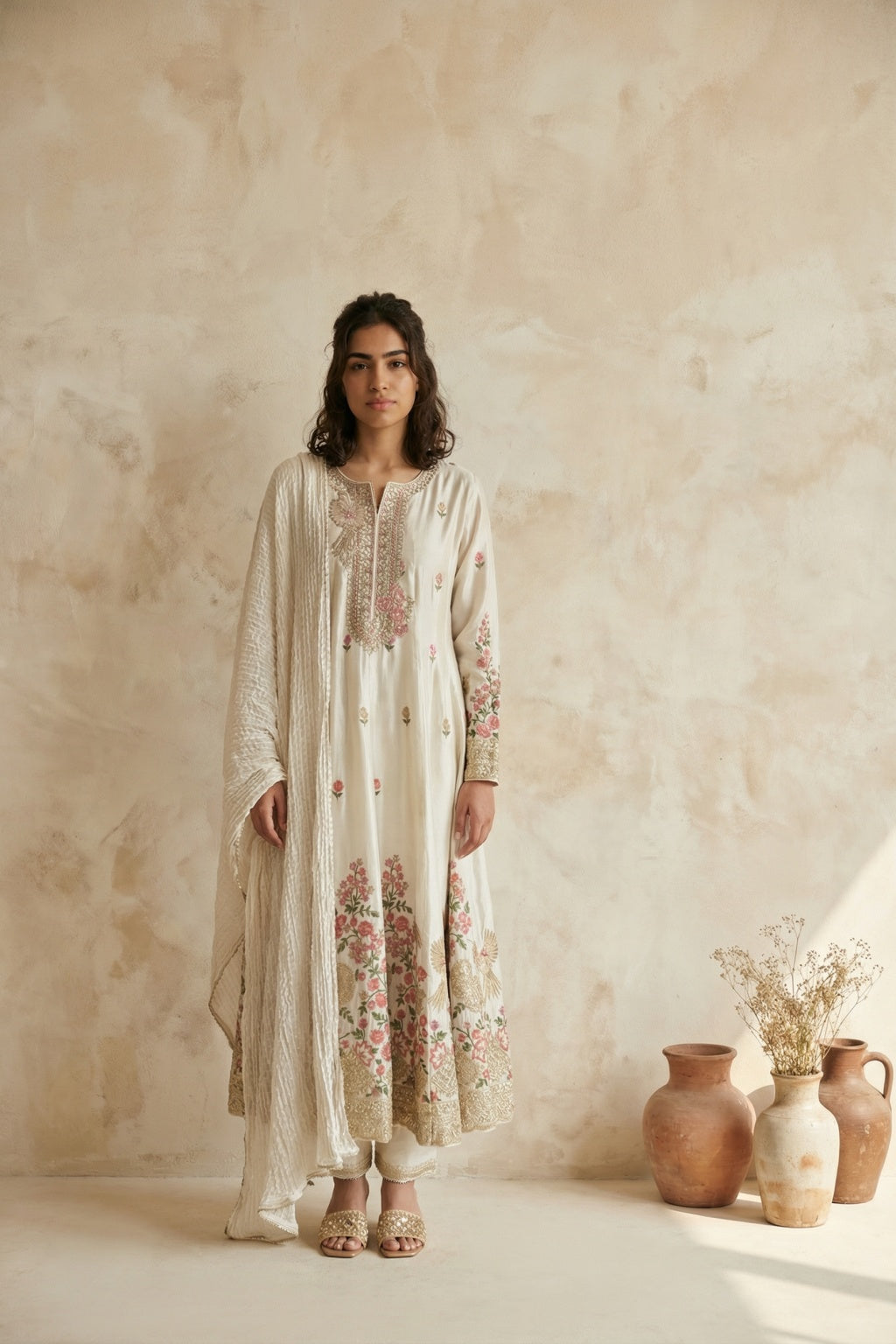 Ivory Mul Chanderi Anarkali Set - Mokshaa
