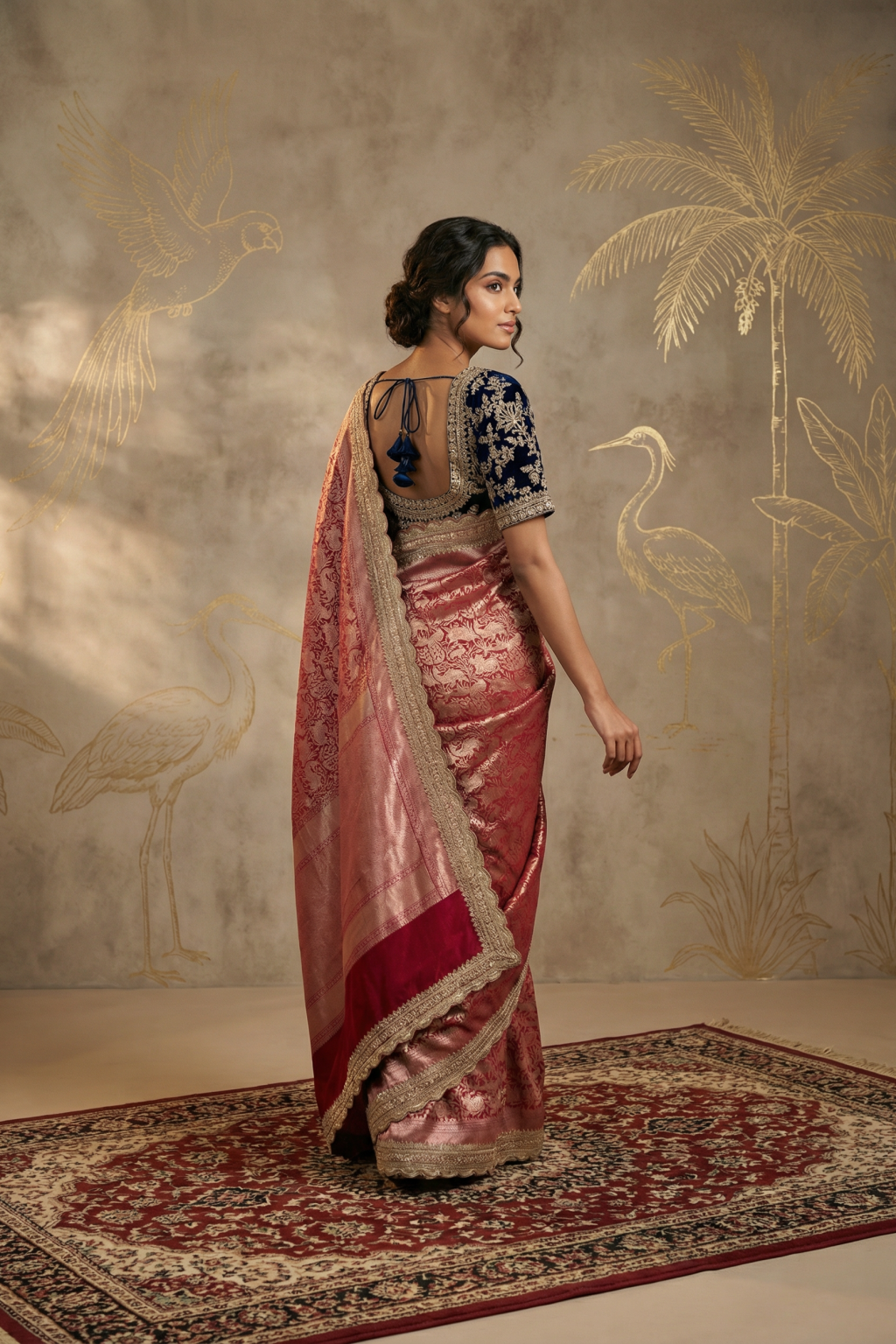 Red Banarasi Silk Saree with Zardosi Border and Contrast Blue Blouse