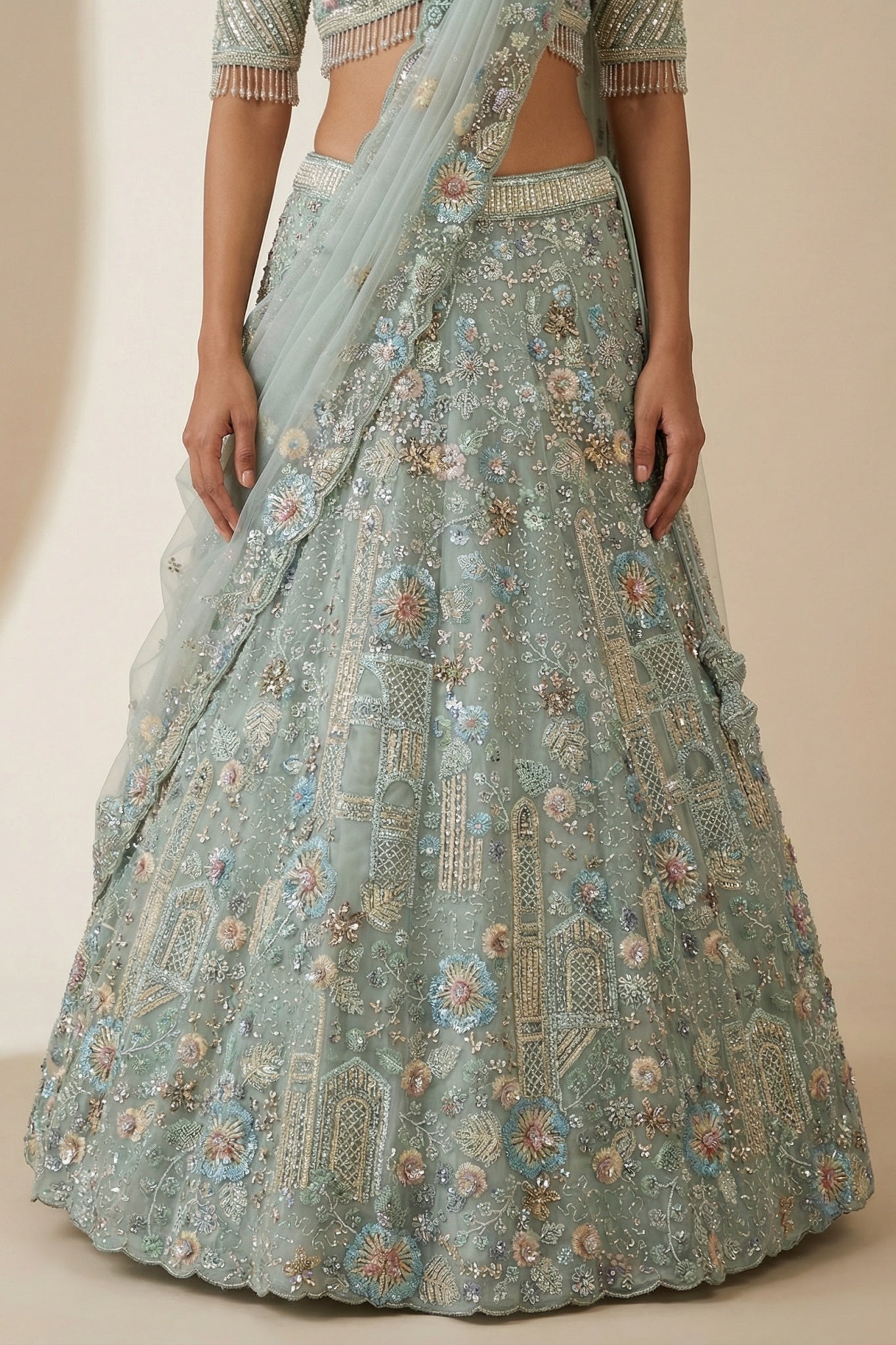 Powder Blue Net Lehenga Set with Intricate Embroidery