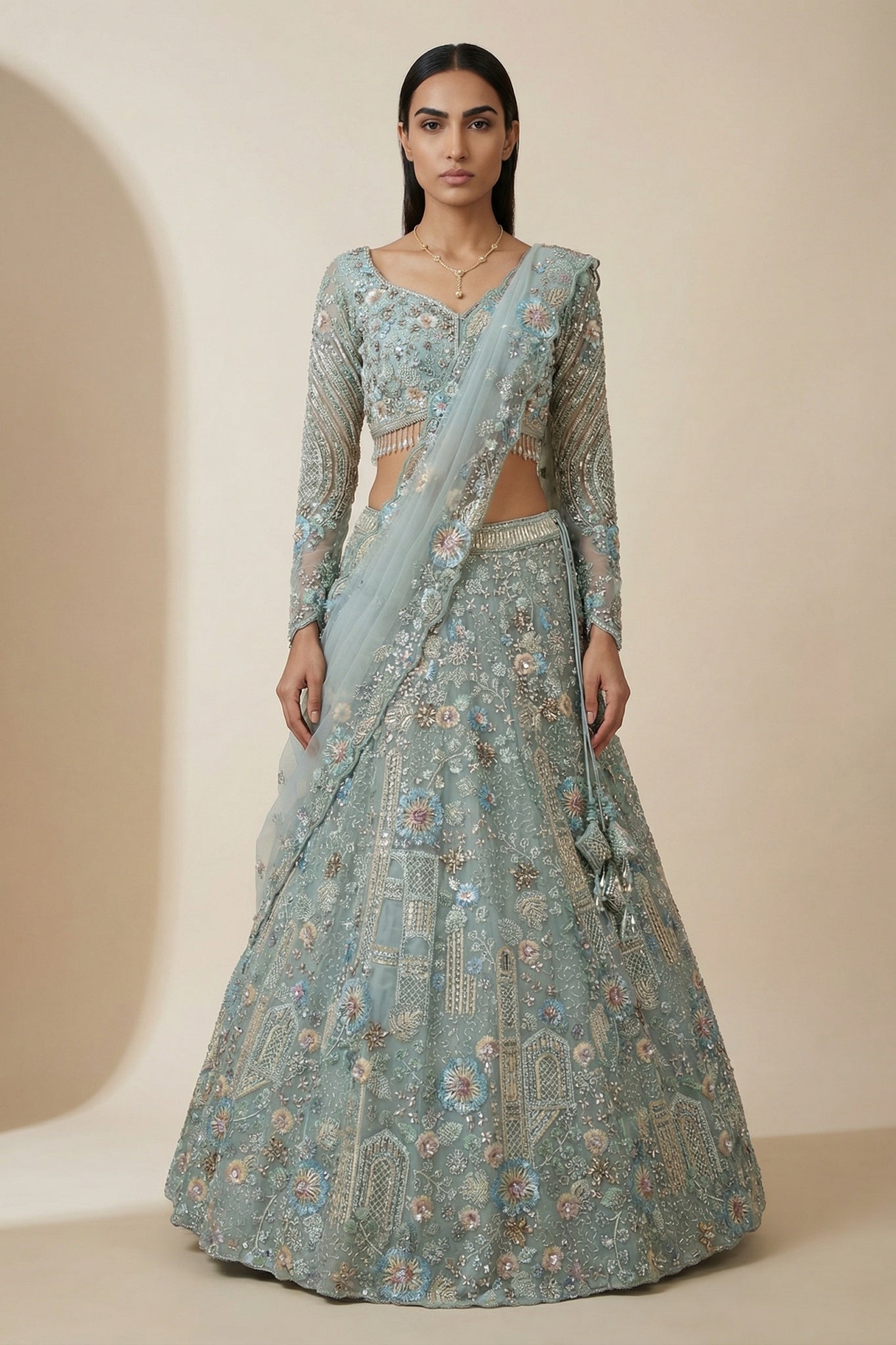 Powder Blue Net Lehenga Set with Intricate Embroidery