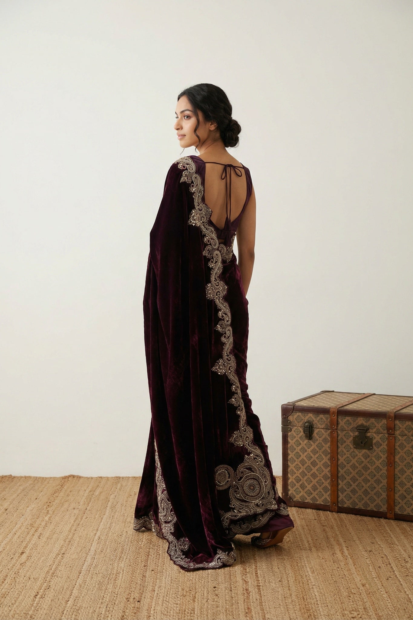 Wine Maroon Velvet Saree with Heavy Zardosi Work Border - Mokshaa