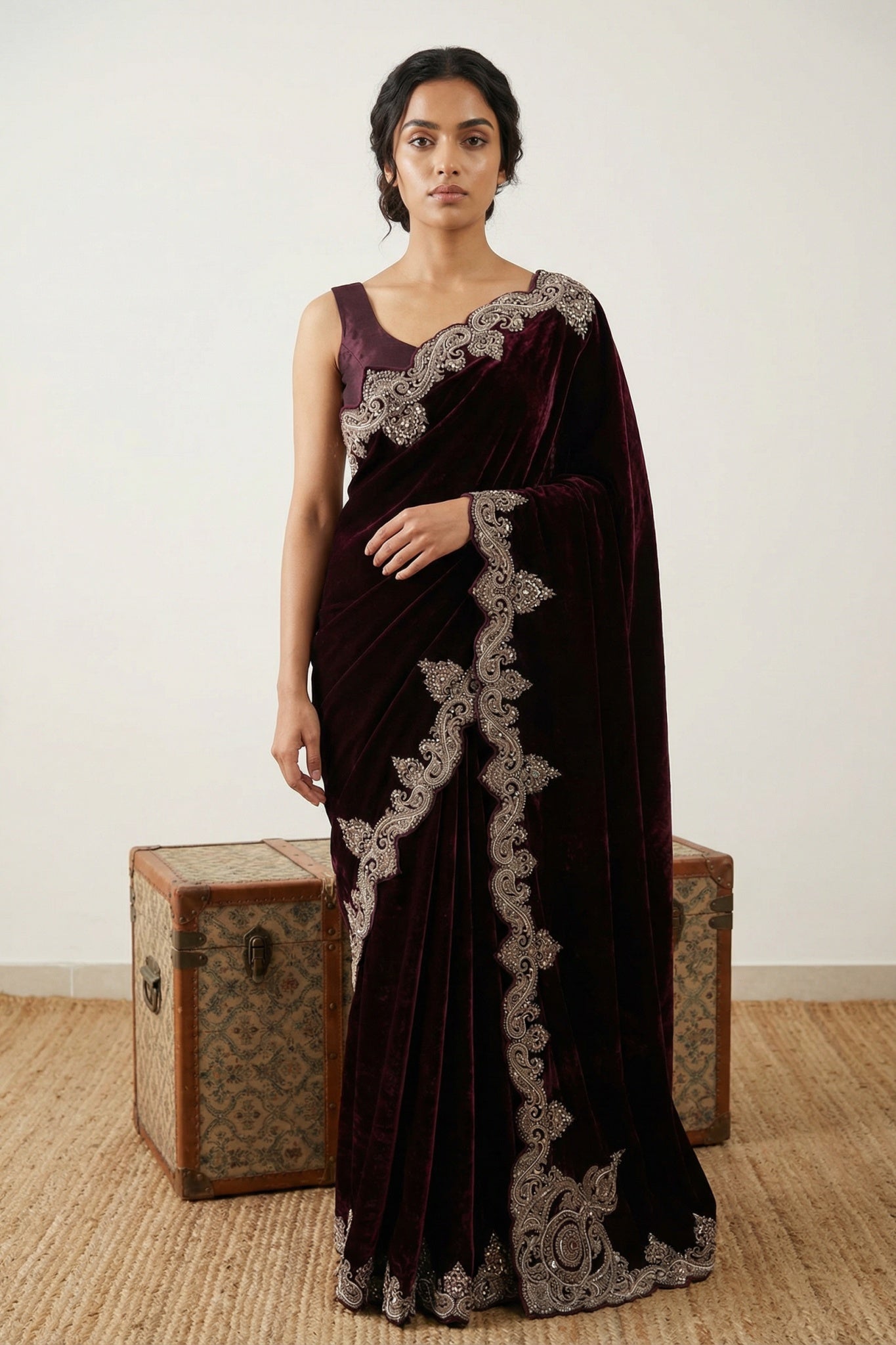 Wine Maroon Velvet Saree with Heavy Zardosi Work Border - Mokshaa