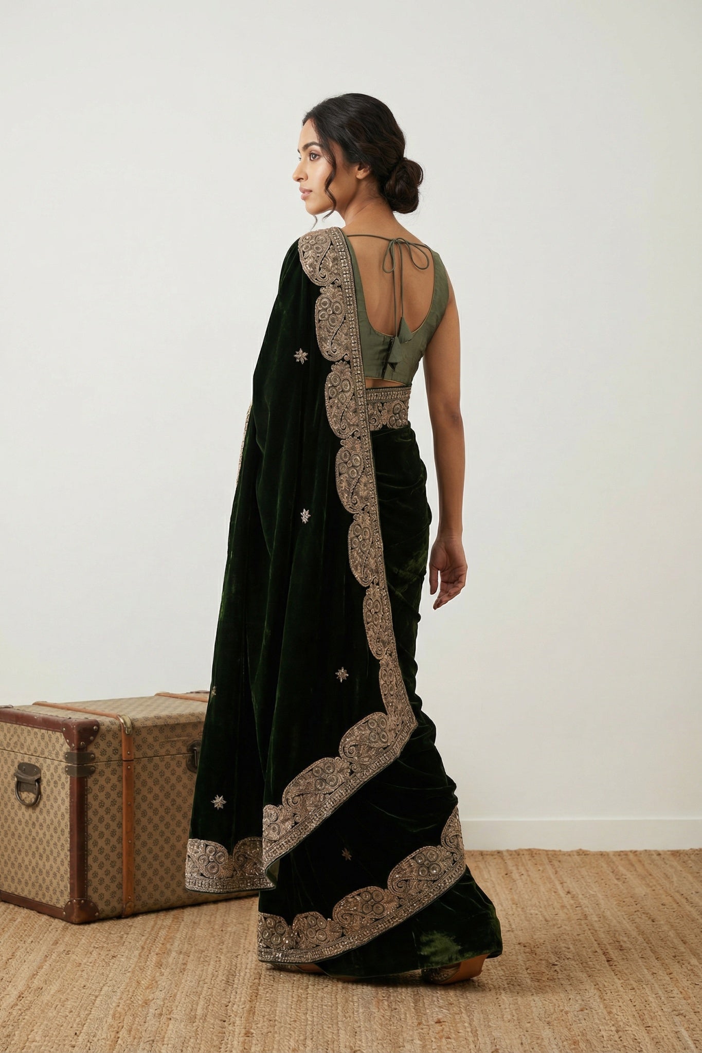 Green Velvet Saree with Jardhosi Border - Mokshaa