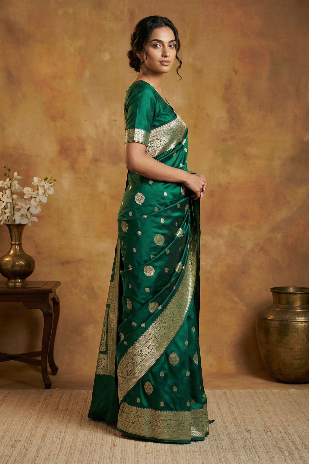 Green Banaras Mushroom Silk Saree with Gold Zari Buttas - Mokshaa