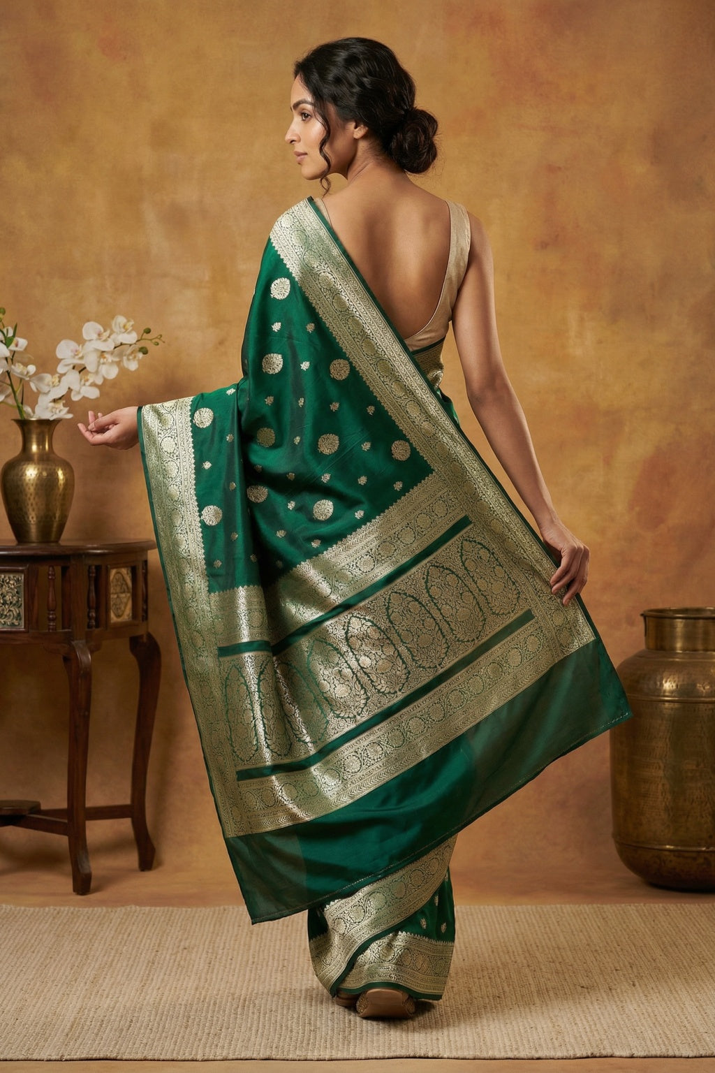 Green Banaras Mushroom Silk Saree with Gold Zari Buttas - Mokshaa