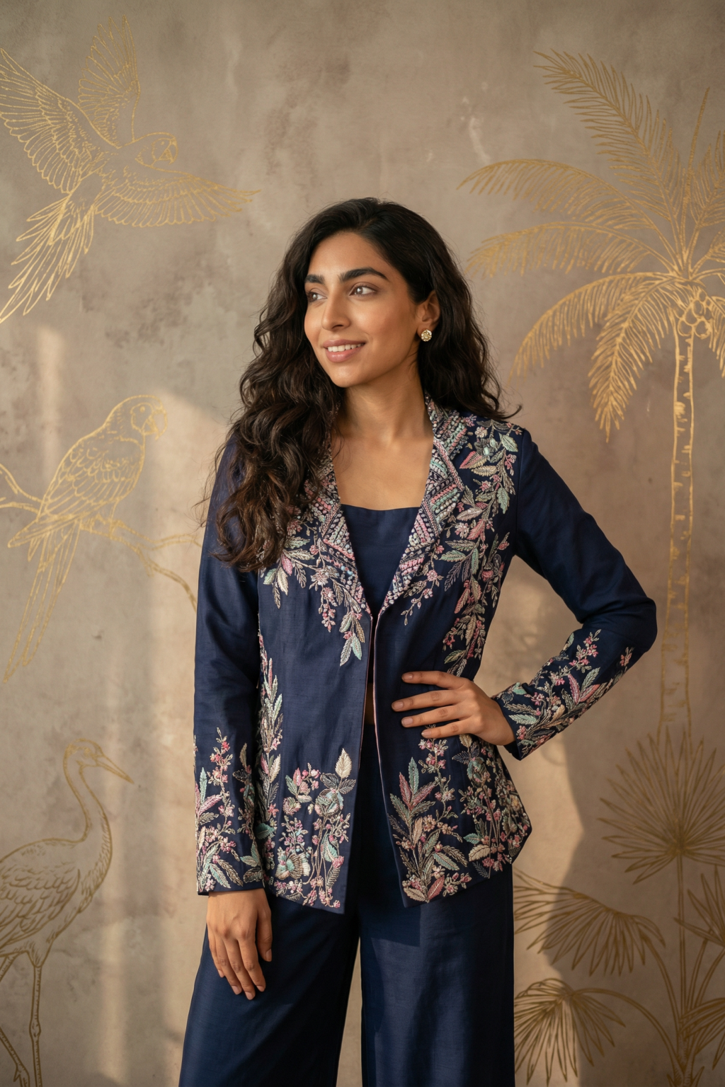 Navy Blue Georgette Co-ord Set with Embroidered Blazer