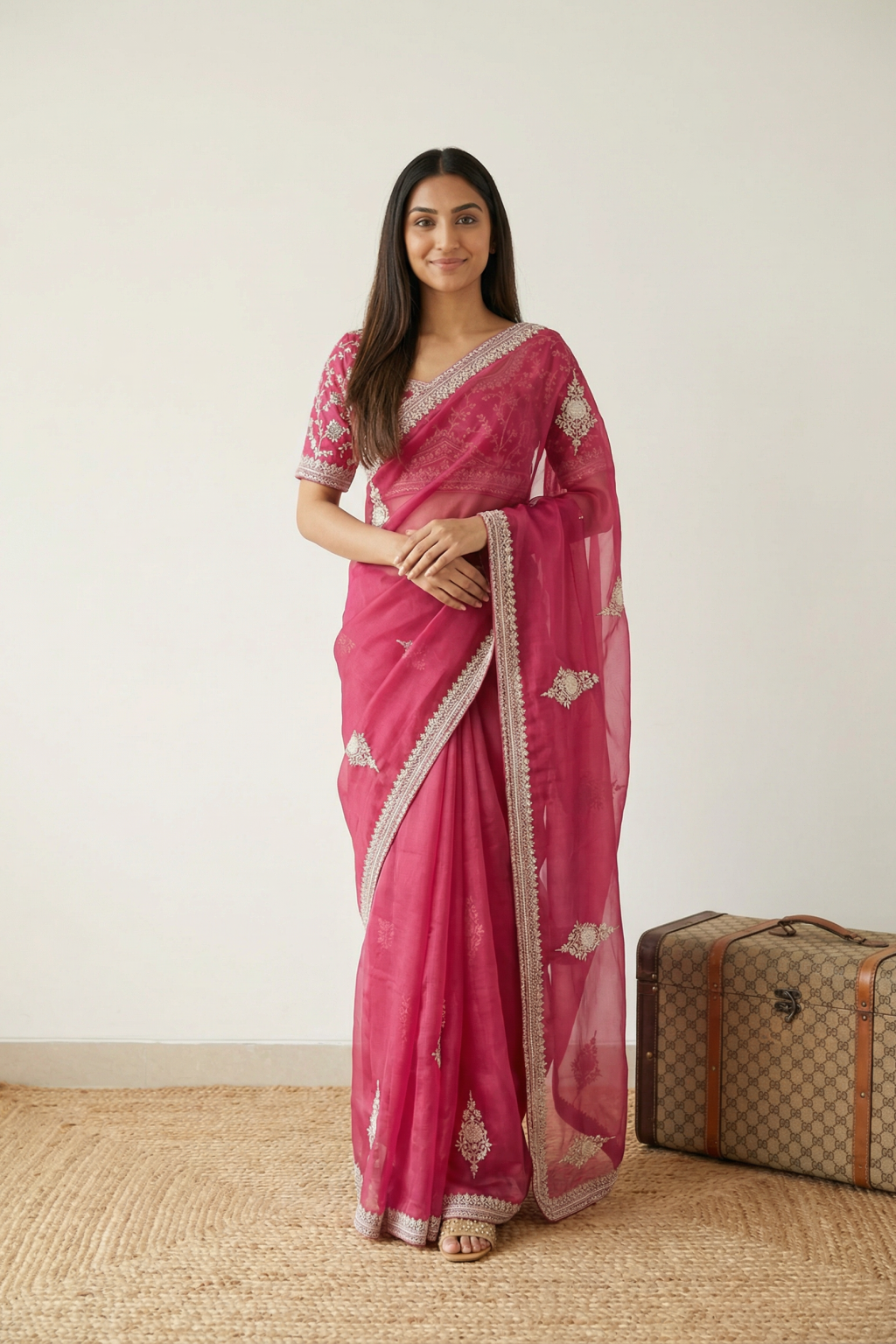 Pink Organza Saree with Pearl & Bead Butti Work