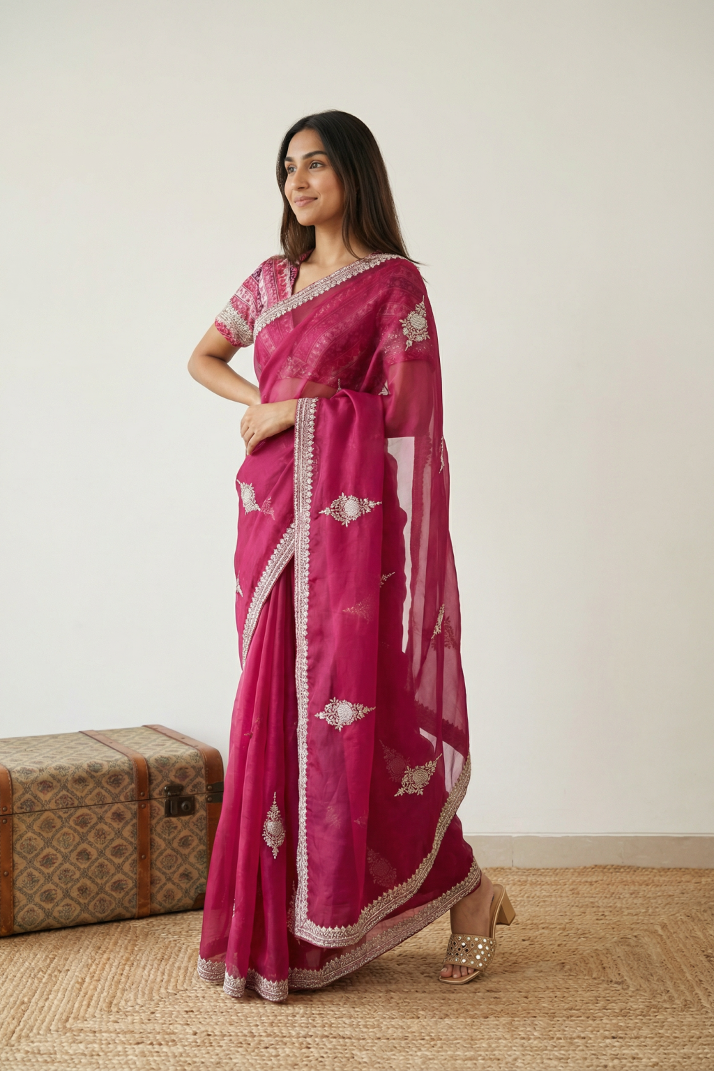 Pink Organza Saree with Pearl & Bead Butti Work