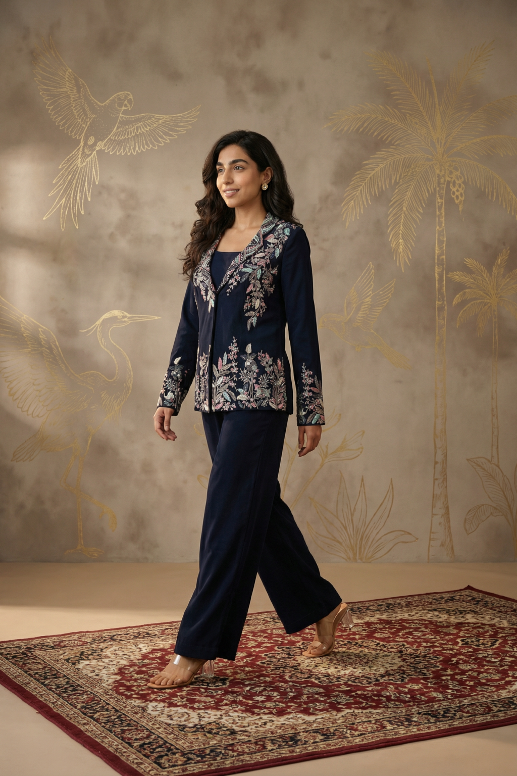 Navy Blue Georgette Co-ord Set with Embroidered Blazer