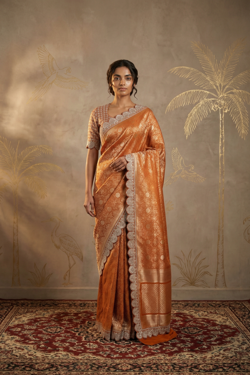 Orange Banarasi Silk Designer Saree with Zardosi Border