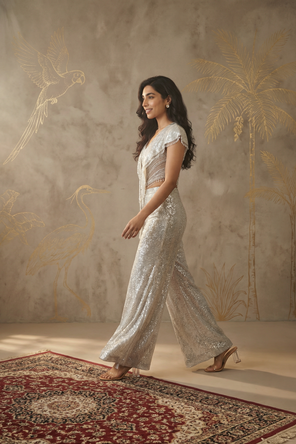 Grey Shimmer Net Palazzo Set with Corset Top and Tassel Scarf