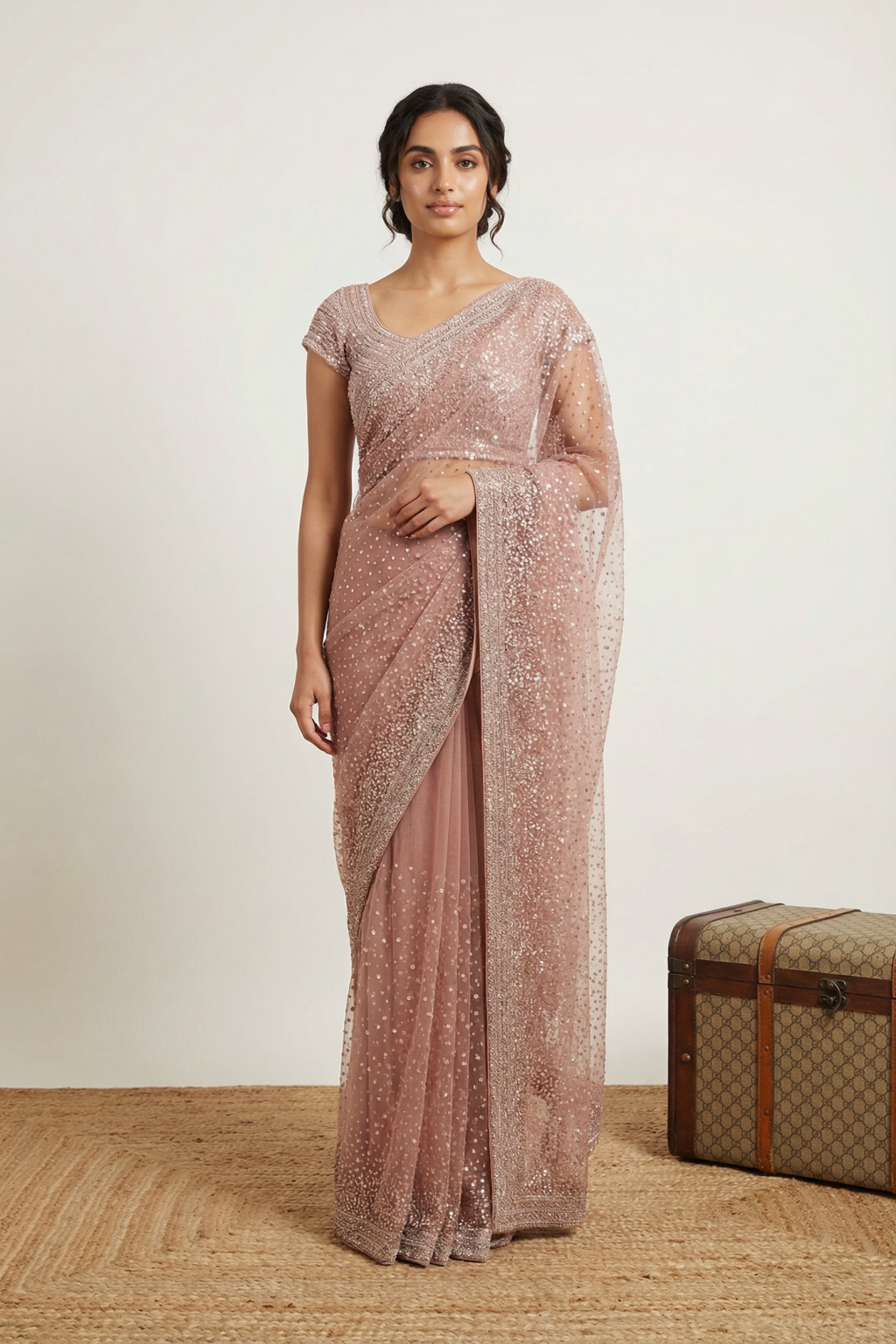 Blush Mauve Sequins Net Saree