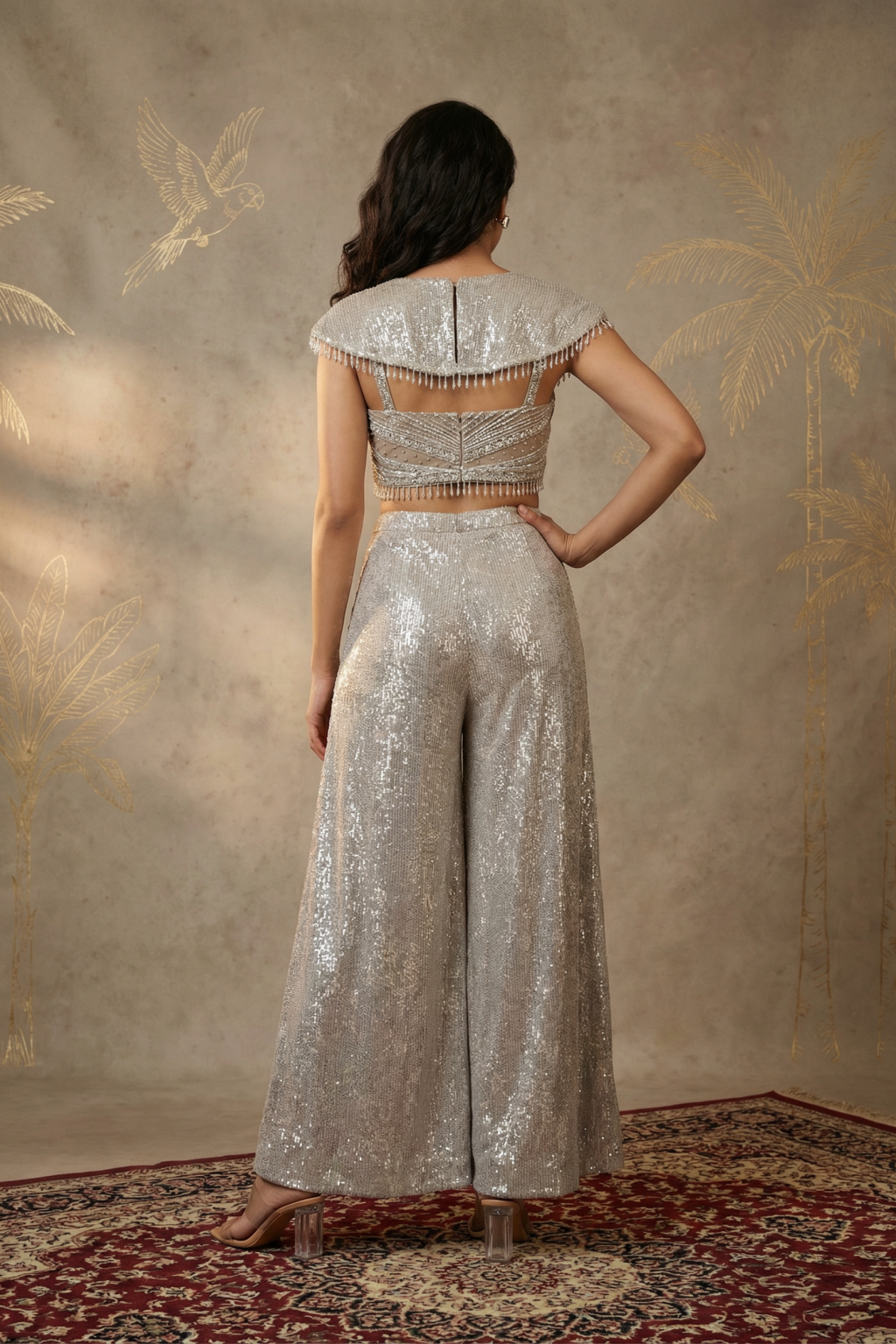 Grey Shimmer Net Palazzo Set with Corset Top and Tassel Scarf