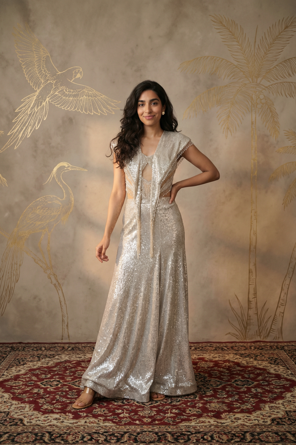 Grey Shimmer Net Palazzo Set with Corset Top and Tassel Scarf