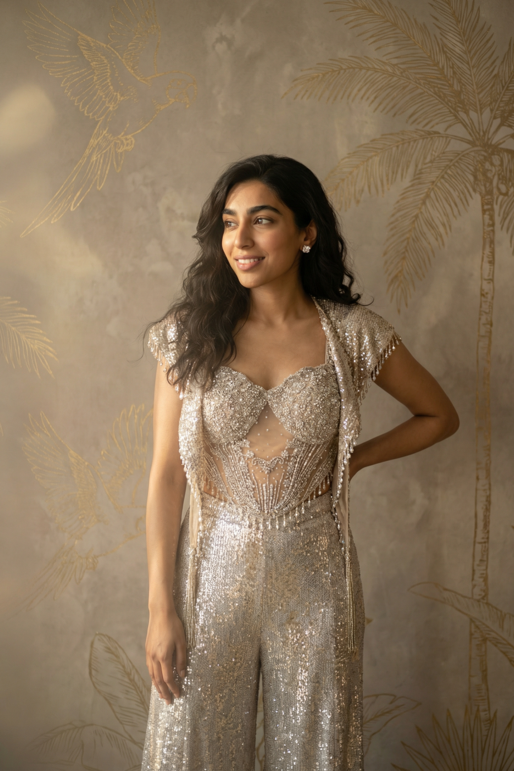 Grey Shimmer Net Palazzo Set with Corset Top and Tassel Scarf