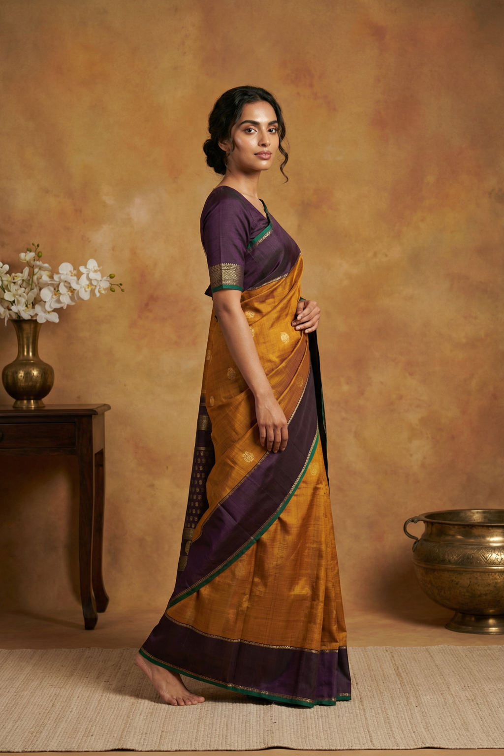 Mustard and Purple Kanchivaram Silk Saree - Mokshaa