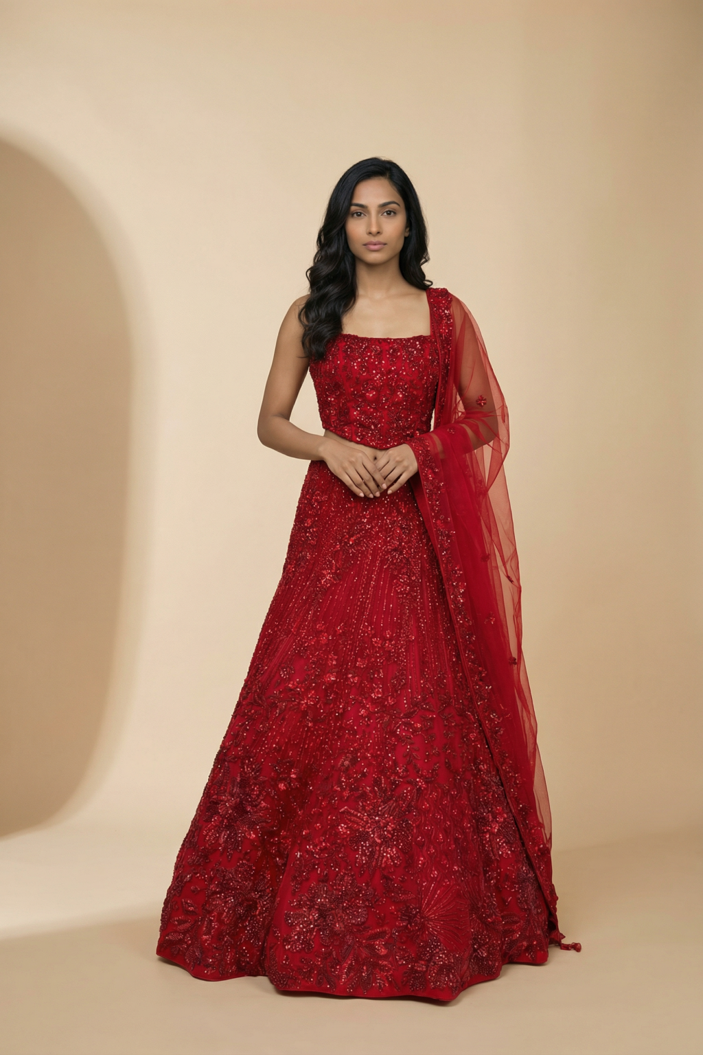 Scarlet Red Net Corset Lehenga Set