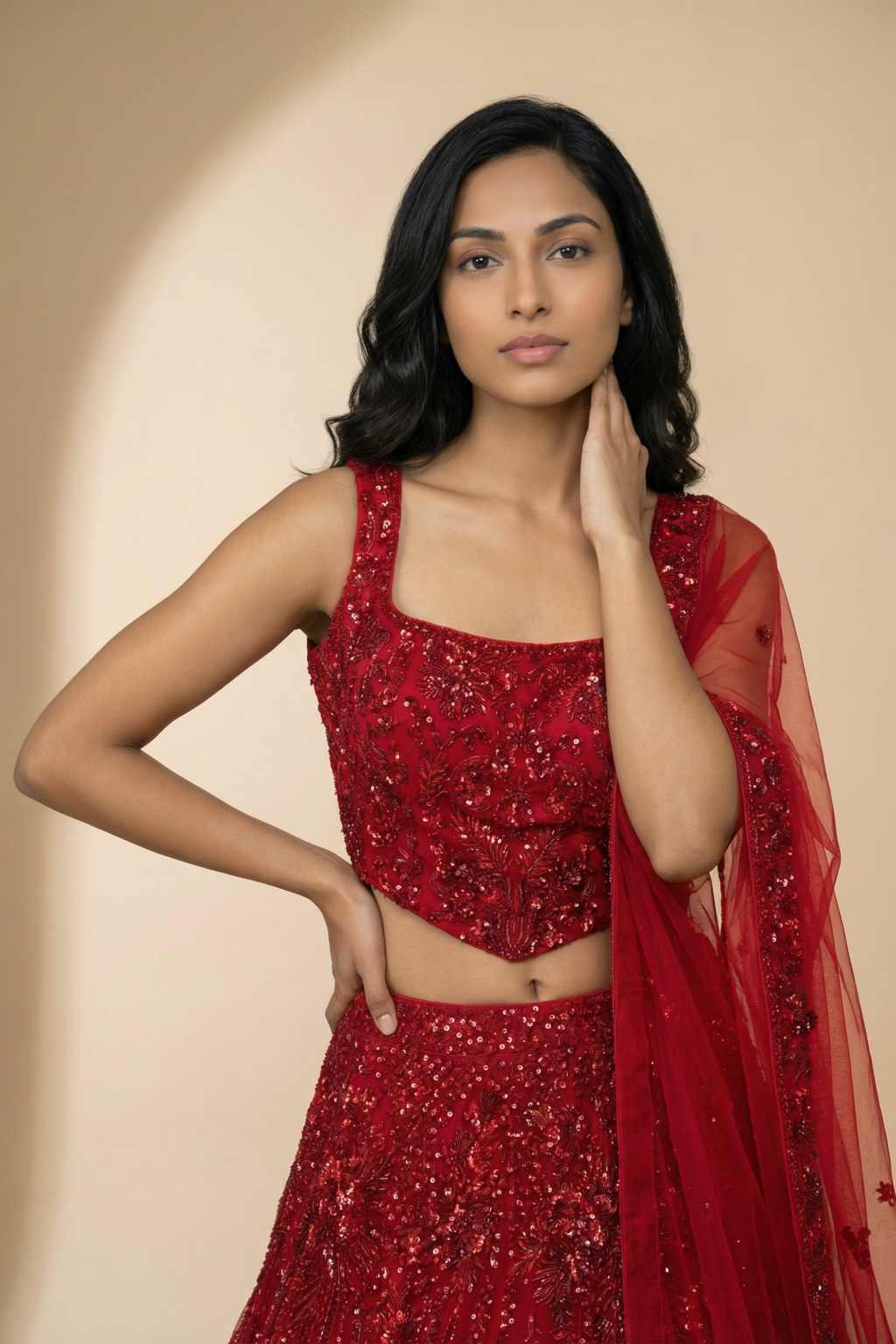 Scarlet Red Net Corset Lehenga Set