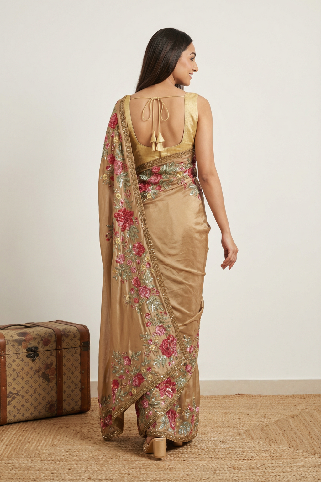 Gold Satin Floral Sequin Saree