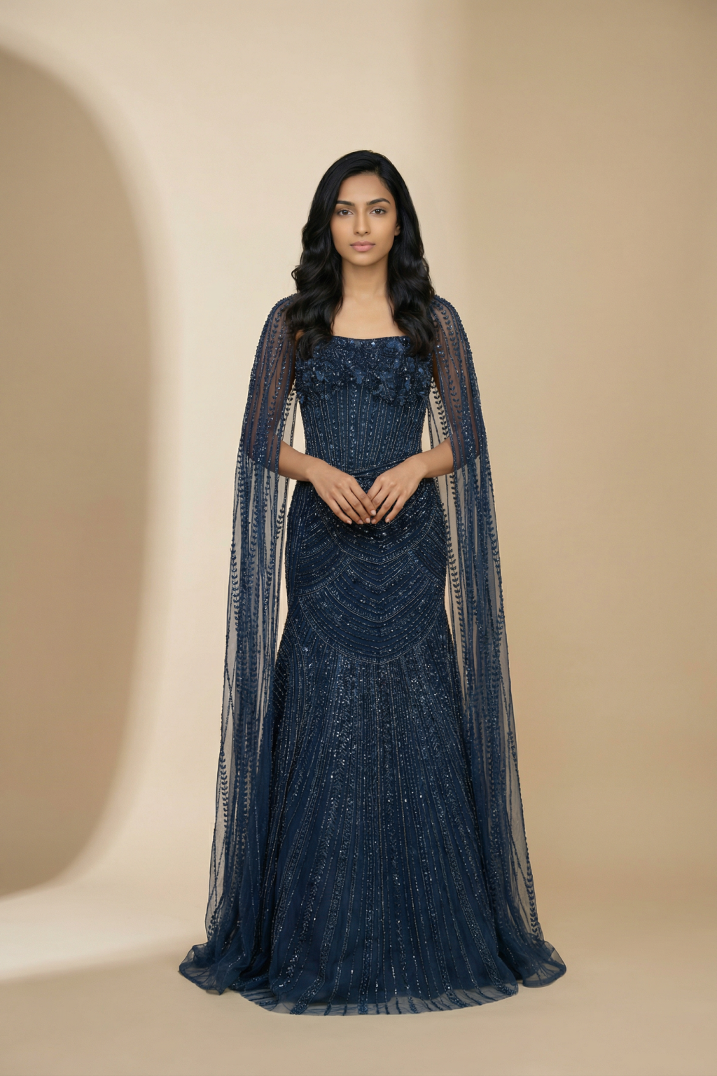 Navy Blue Net Corset Lehenga Set with Fish Cut Skirt & Cape Dupatta