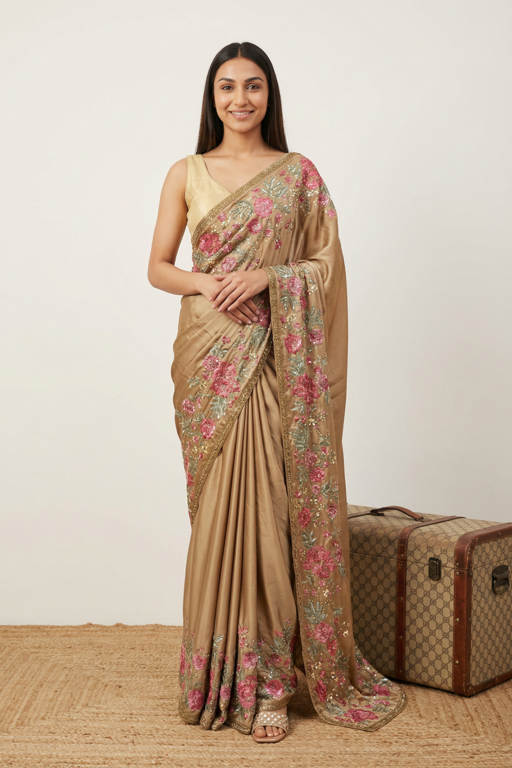 Gold Satin Floral Sequin Saree