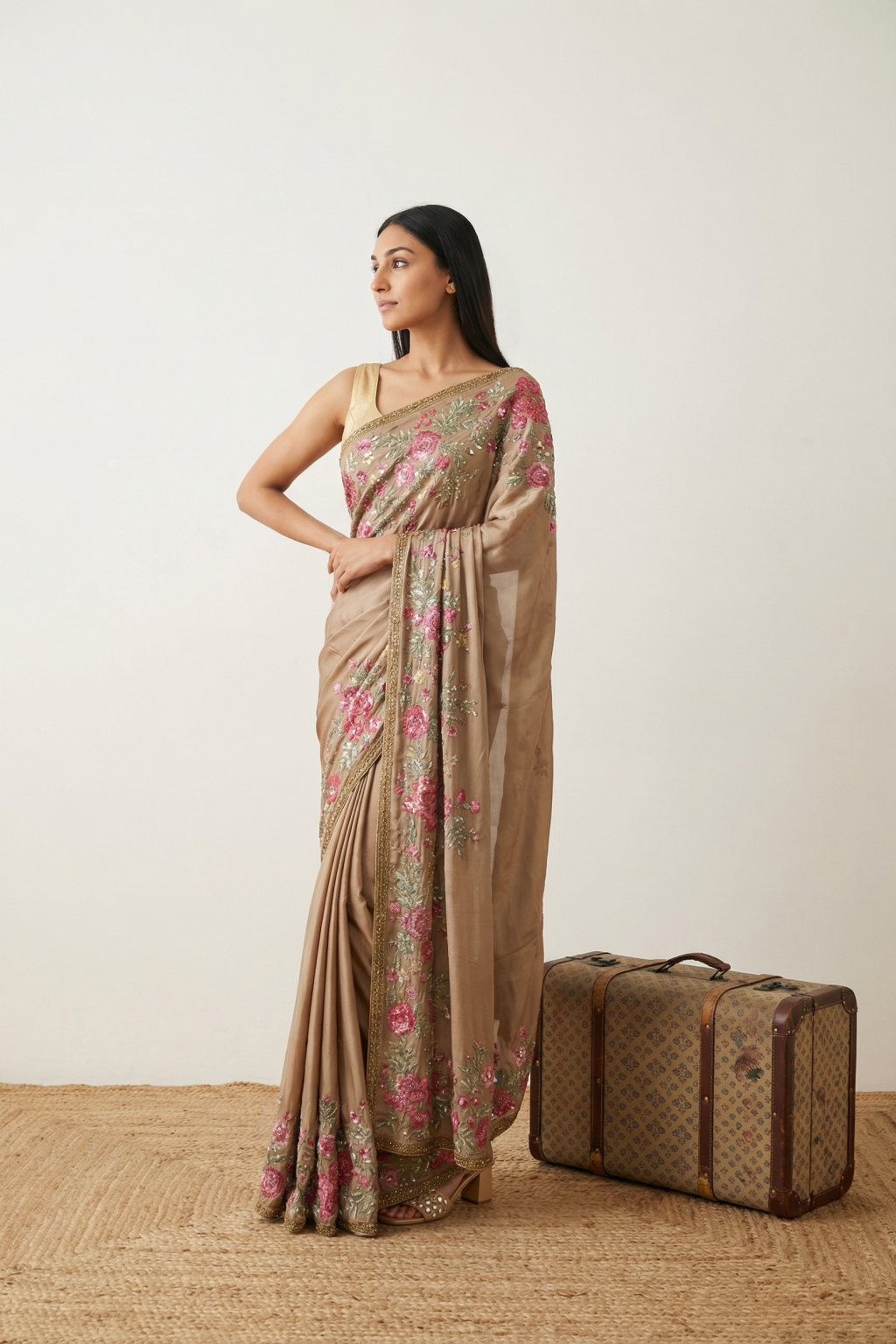 Gold Satin Floral Sequin Saree