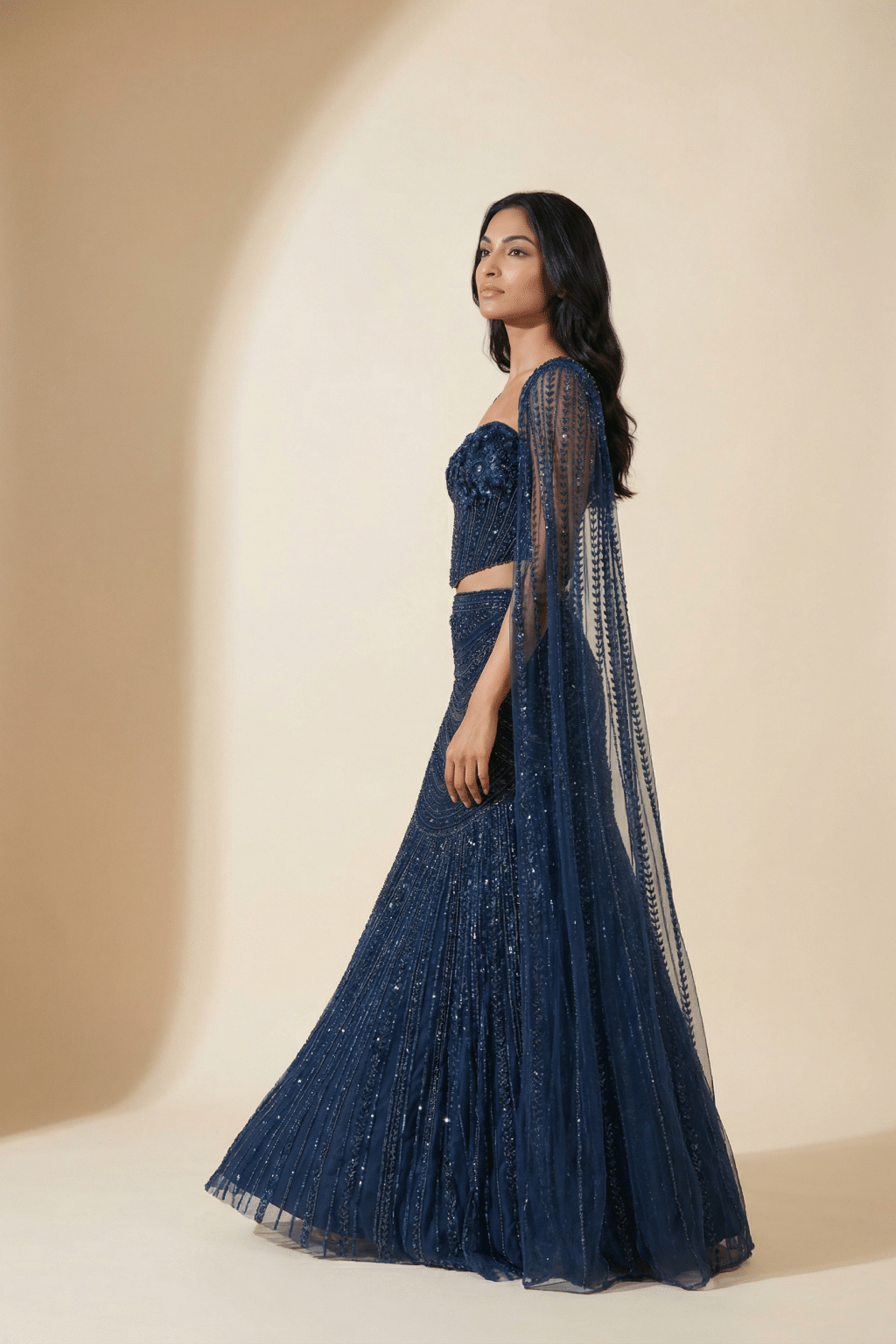 Navy Blue Net Corset Lehenga Set with Fish Cut Skirt & Cape Dupatta