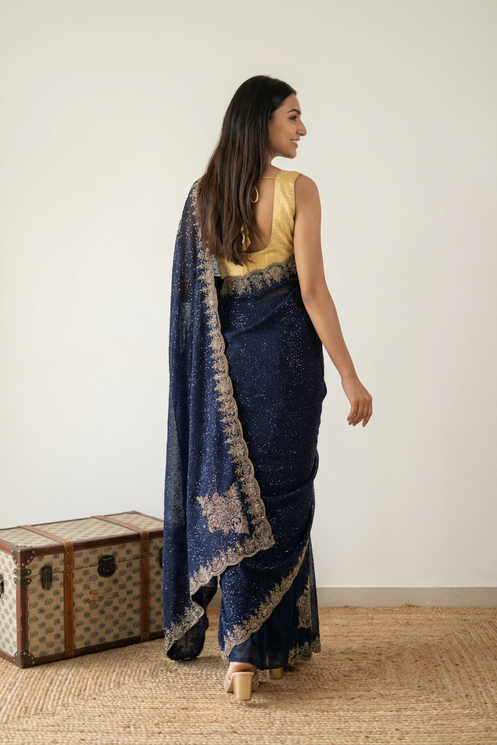 Royal Blue Georgette Saree with All-Over Sequins & Zardosi Border