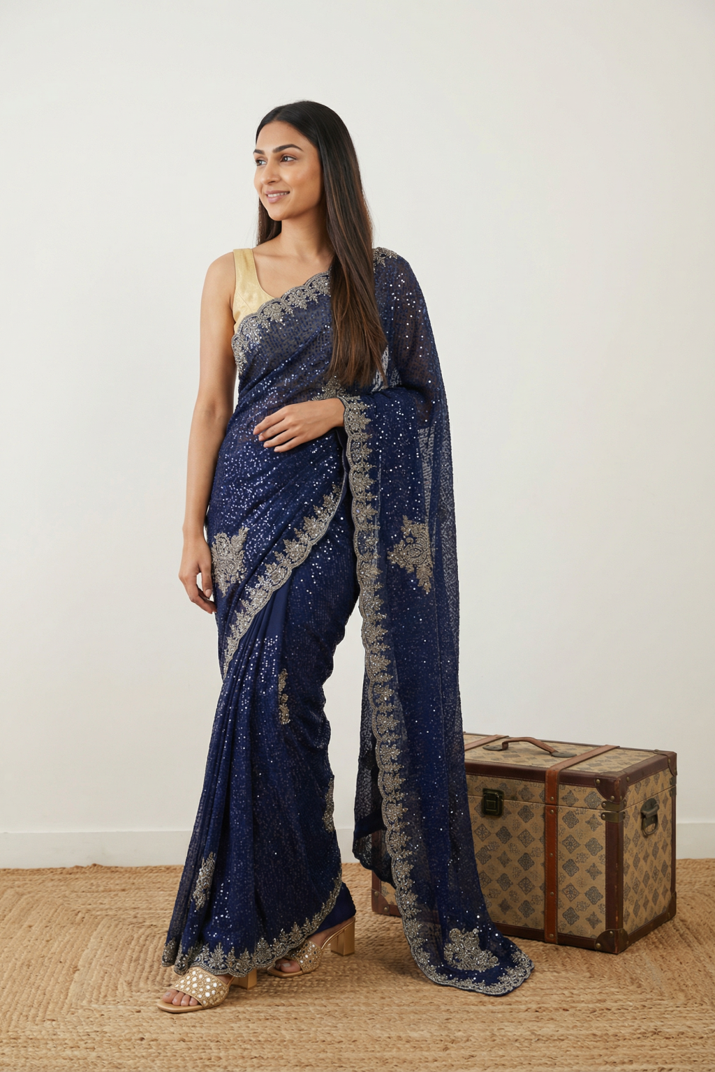 Royal Blue Georgette Saree with All-Over Sequins & Zardosi Border