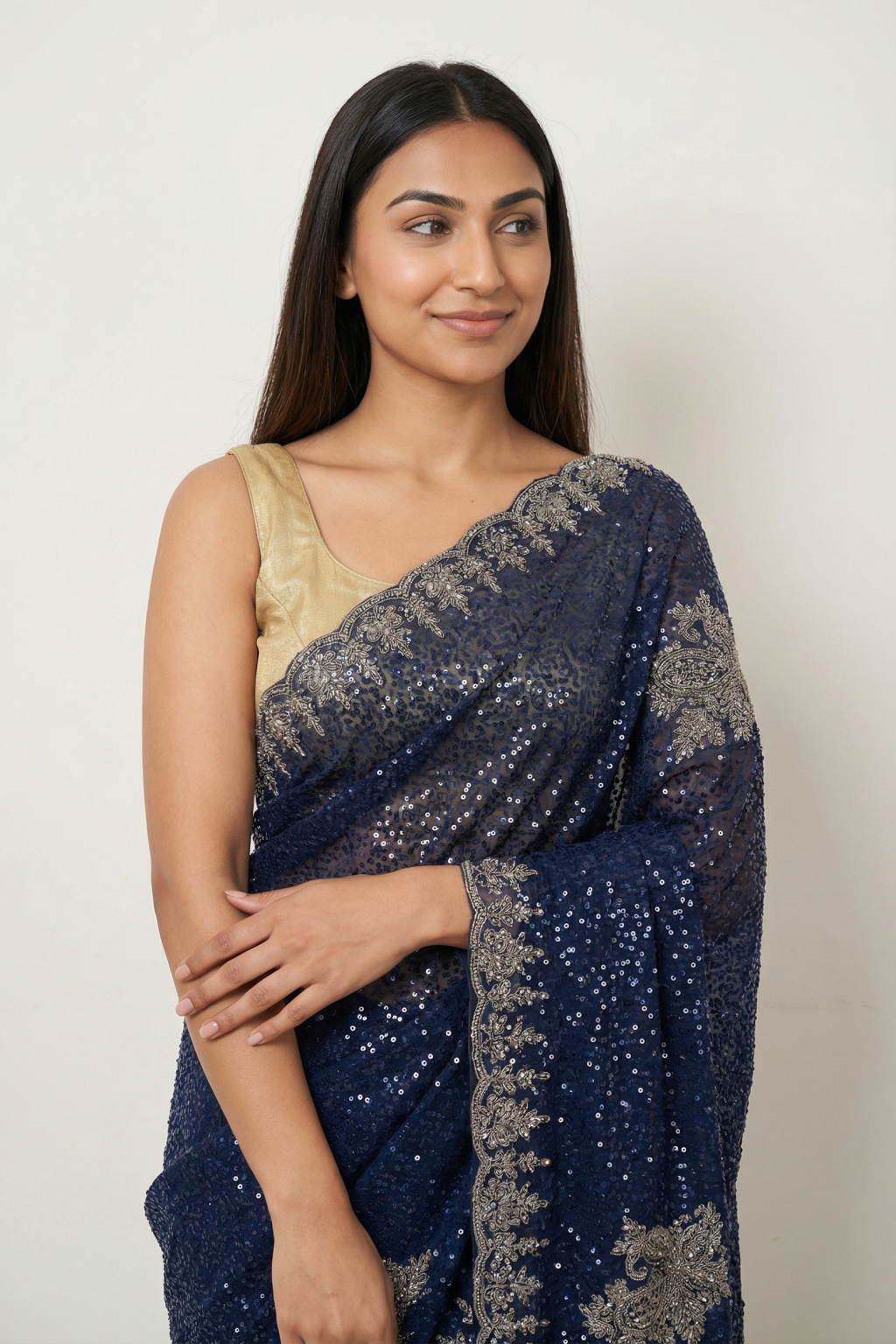 Royal Blue Georgette Saree with All-Over Sequins & Zardosi Border