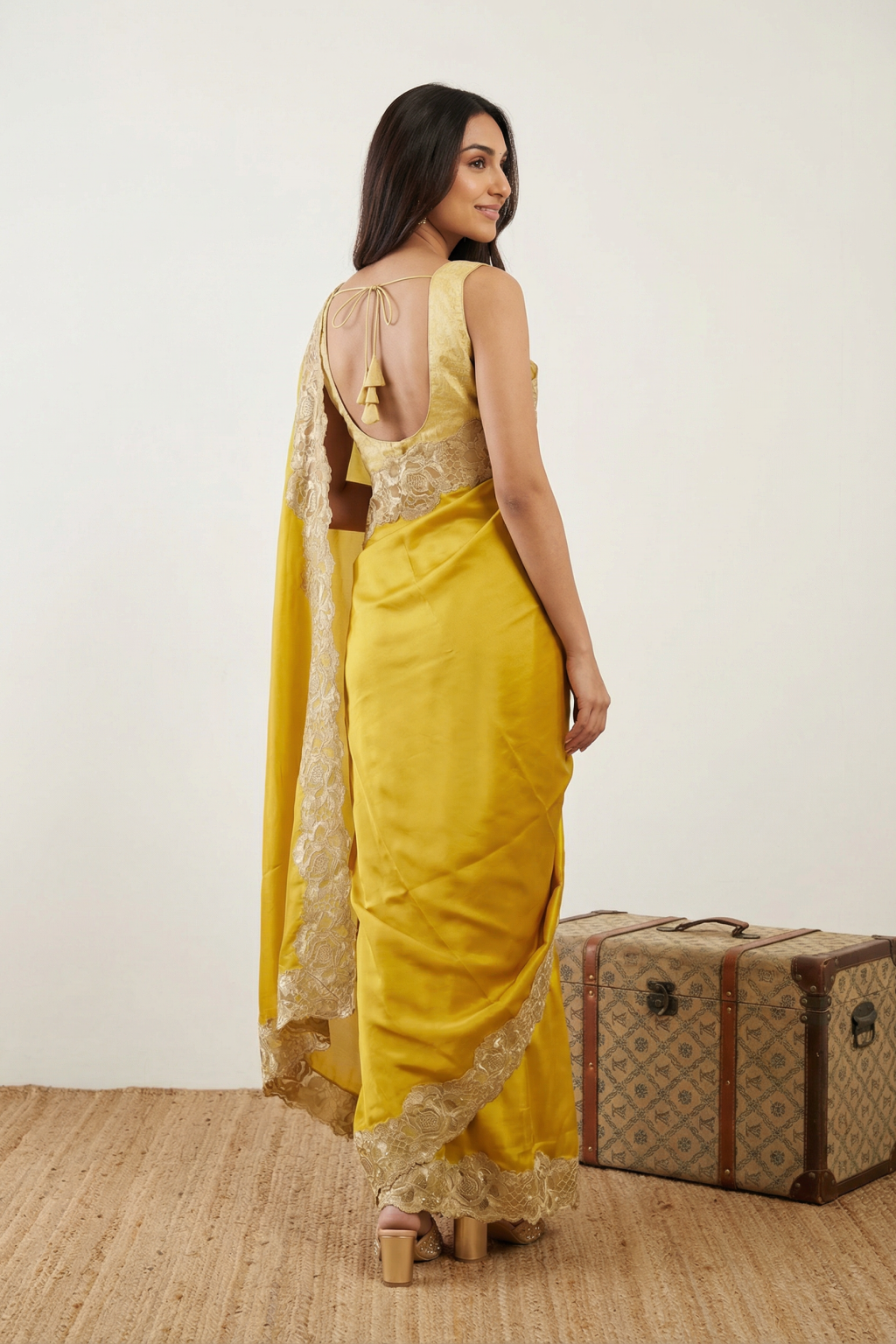 Mustard Yellow Satin Saree with Floral Applique Lace Border