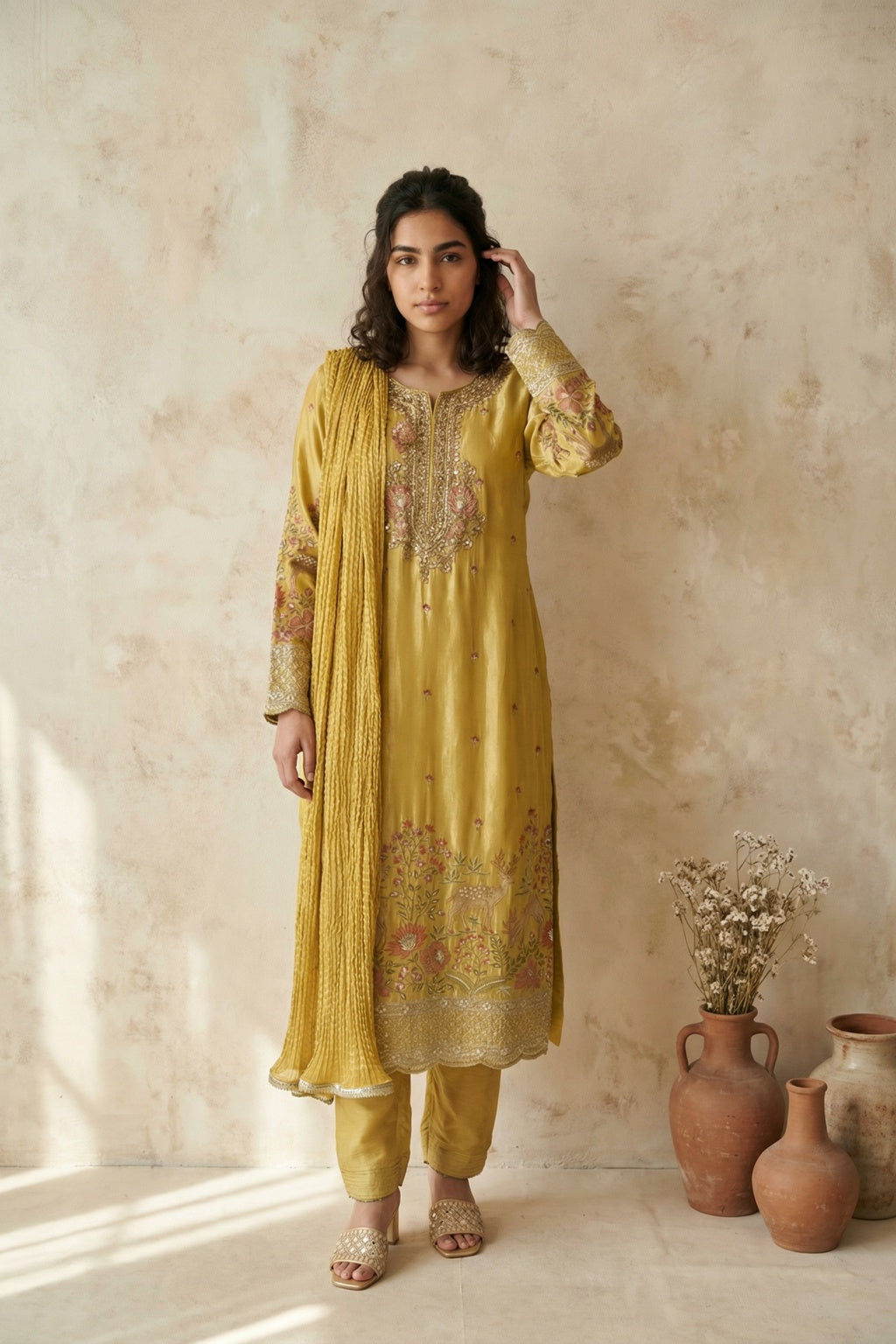 Mustard Mul Chanderi Salwar Set