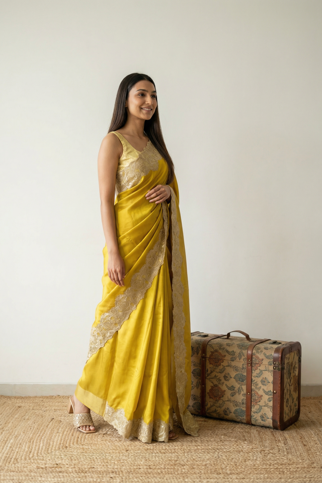 Mustard Yellow Satin Saree with Floral Applique Lace Border