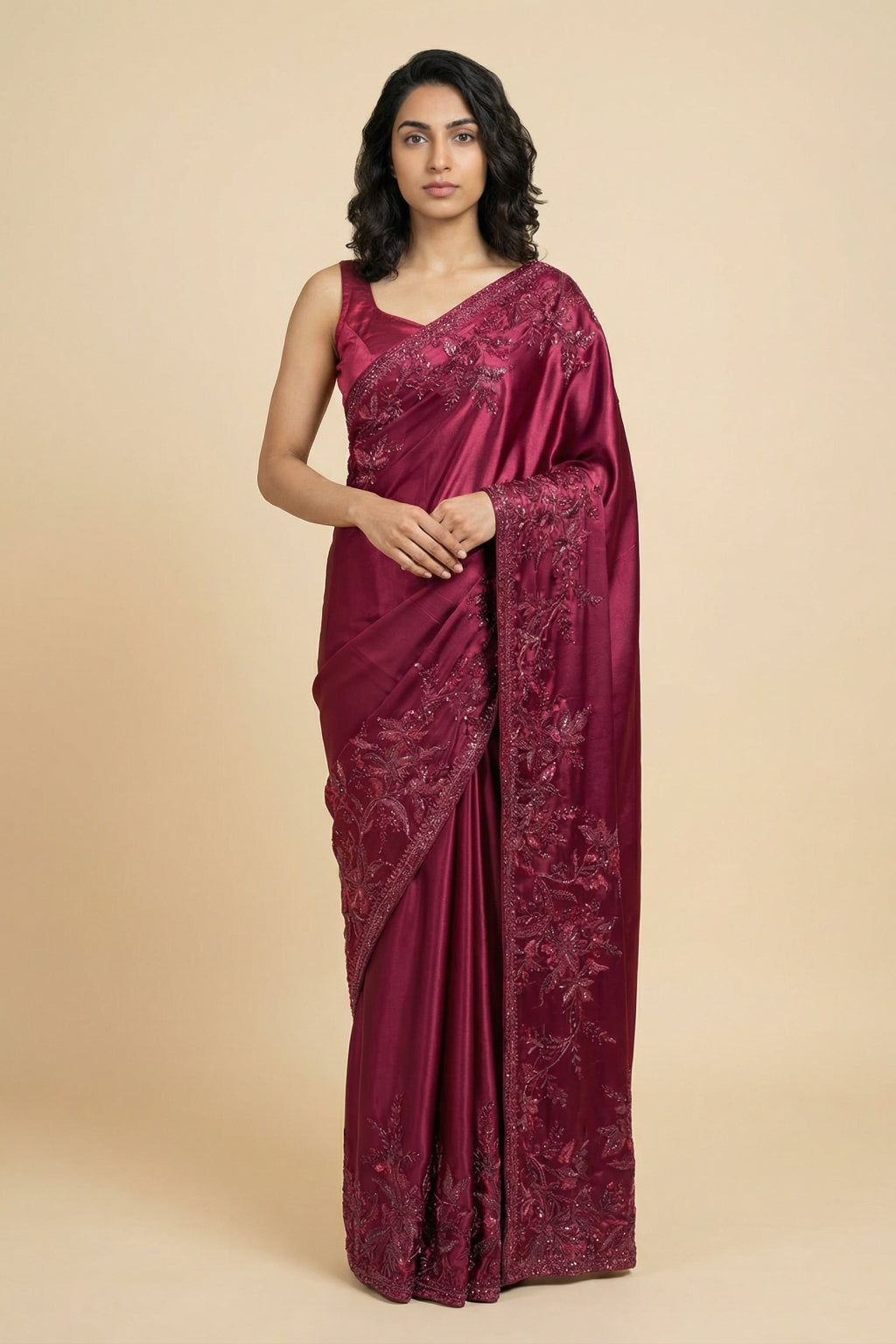 Maroon Satin Saree with Beaded Embroidery Border