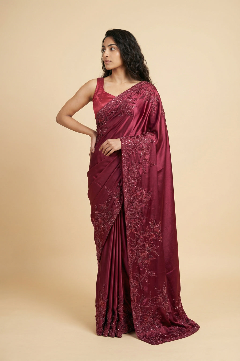 Maroon Satin Saree with Beaded Embroidery Border