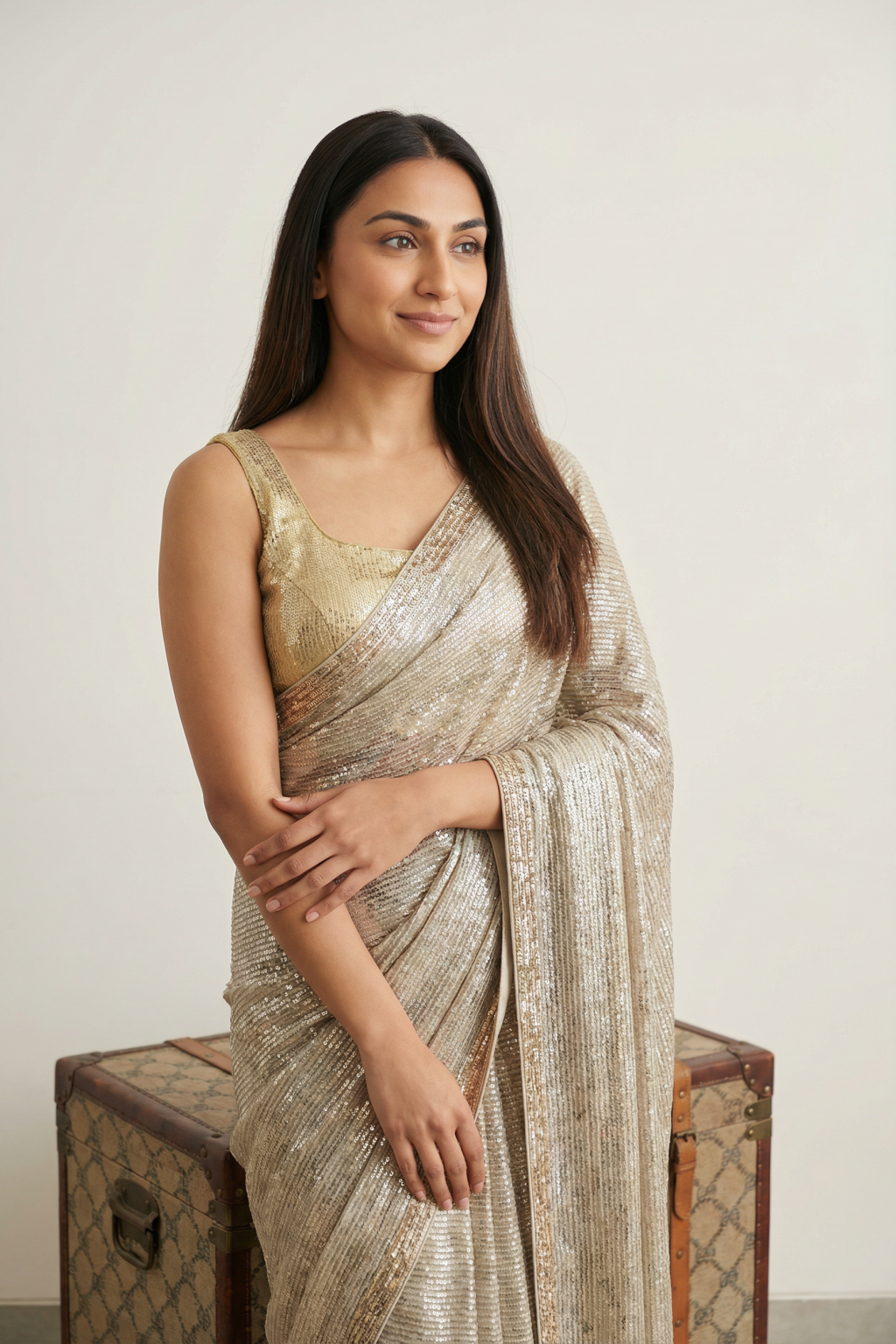 Off-White Georgette Saree with All-Over Sequin Work - Mokshaa