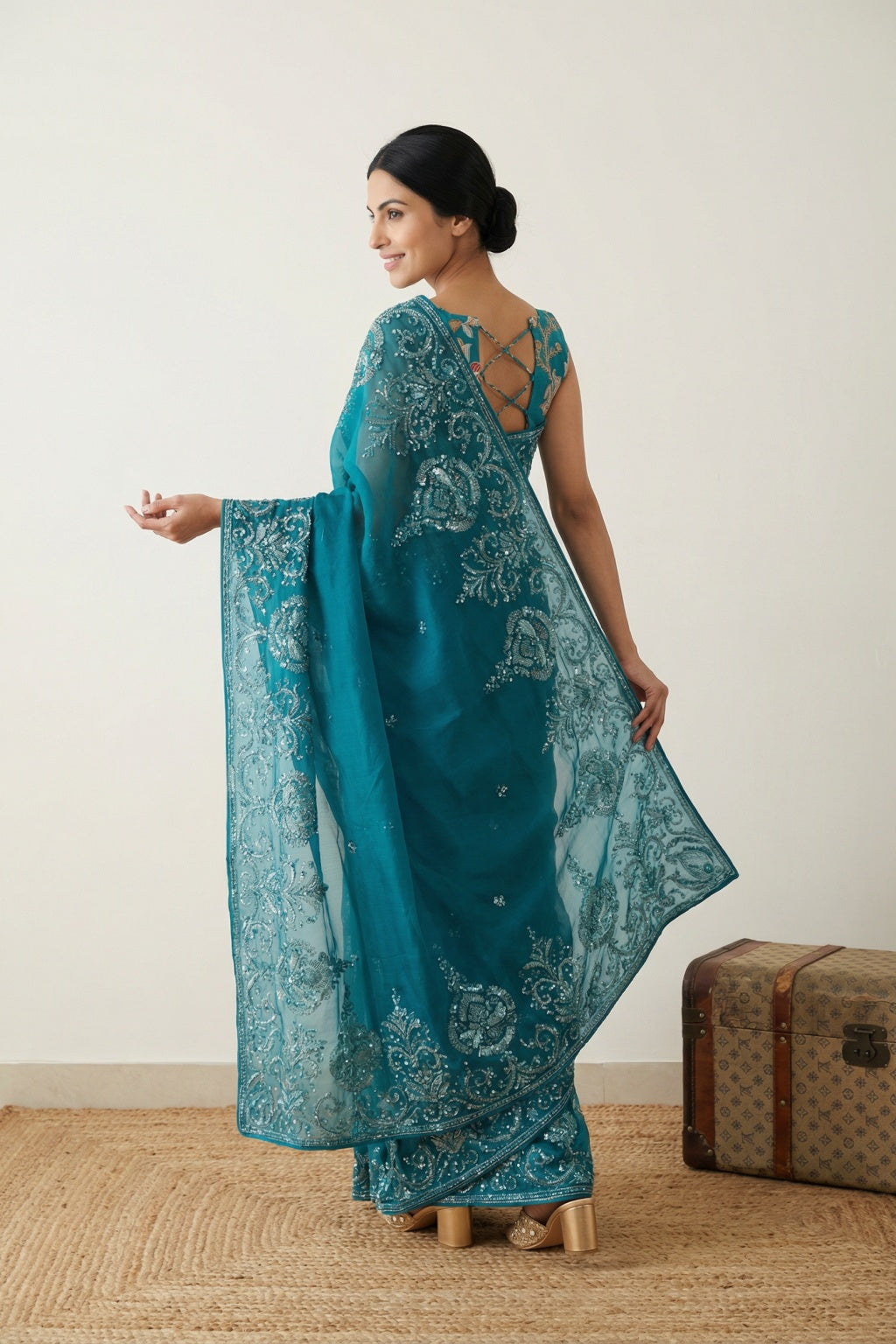 Teal Blue Organza Saree