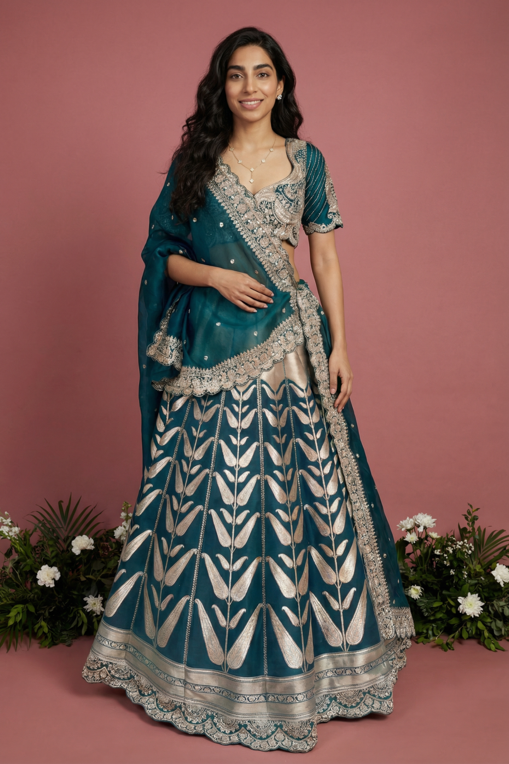 Emerald Green Banarasi Silk Lehenga Set