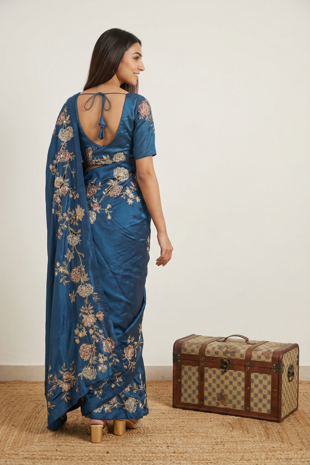 Indigo Blue Satin Saree with Floral Print & Aari Work