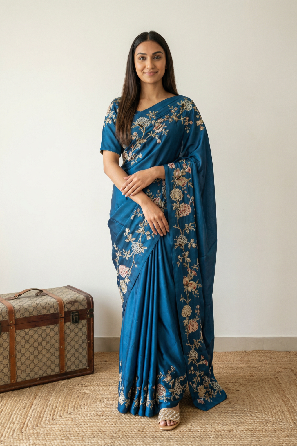 Indigo Blue Satin Saree with Floral Print & Aari Work