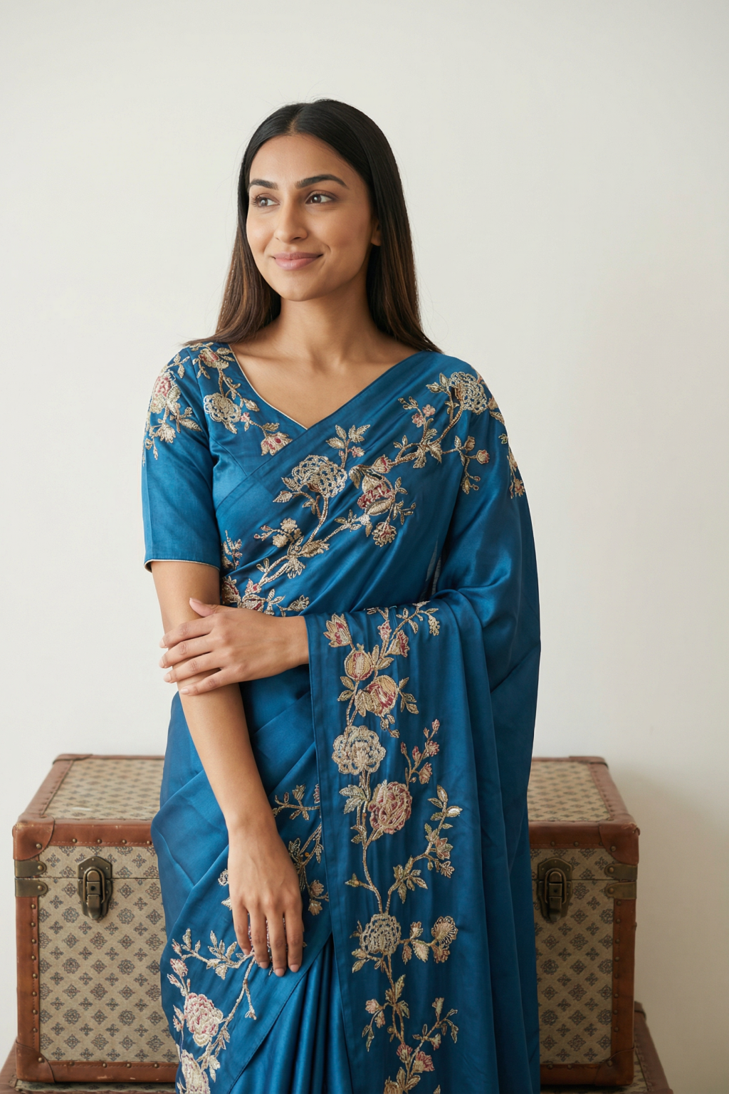 Indigo Blue Satin Saree with Floral Print & Aari Work