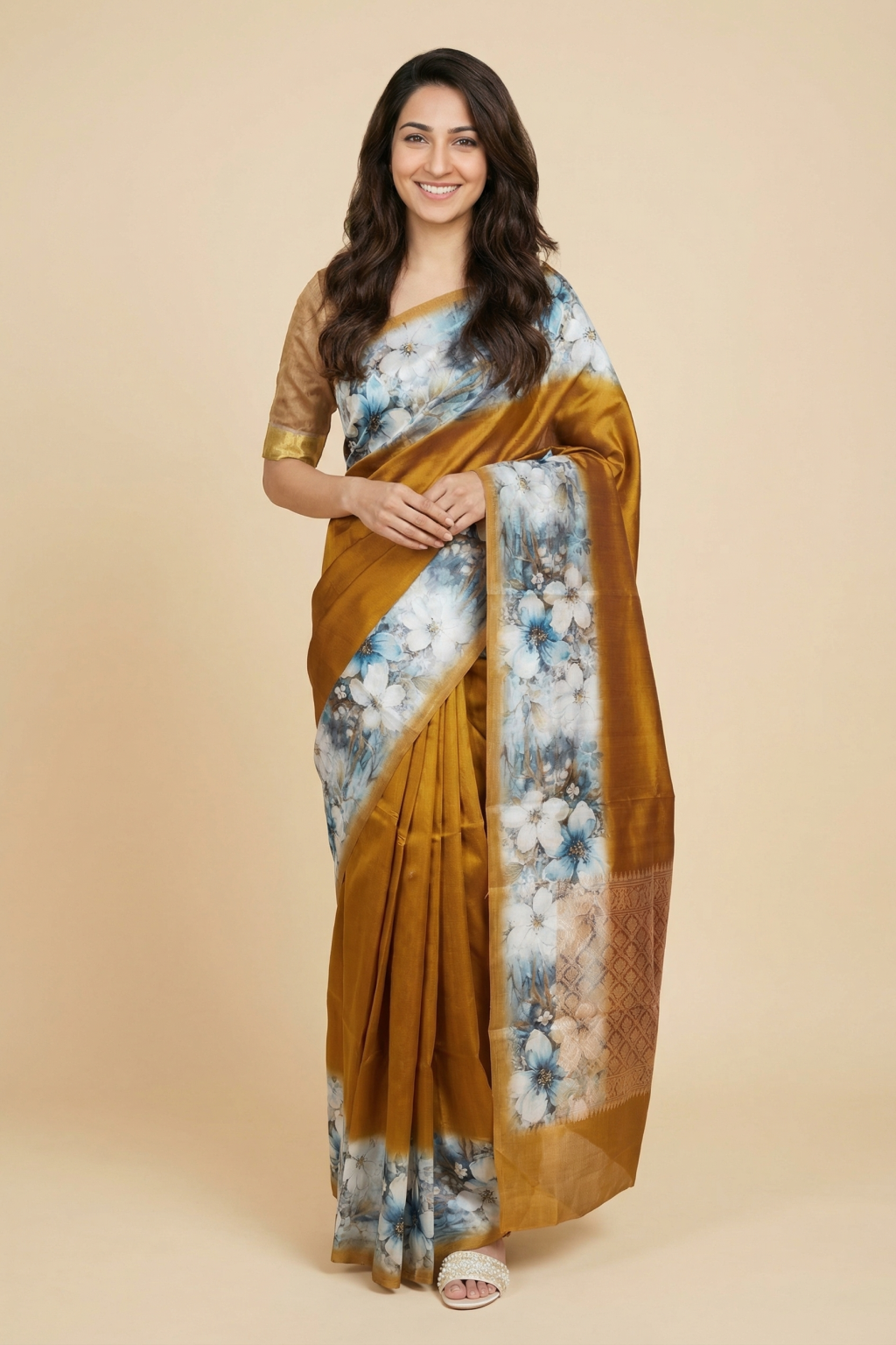 Mustard Chanderi Silk Saree with Floral Digital Print Border