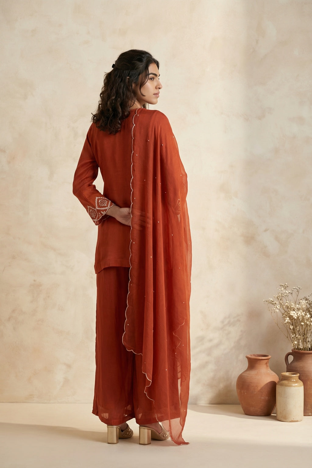 Rust Silk Palazzo Set with Hand Embroidery - Mokshaa